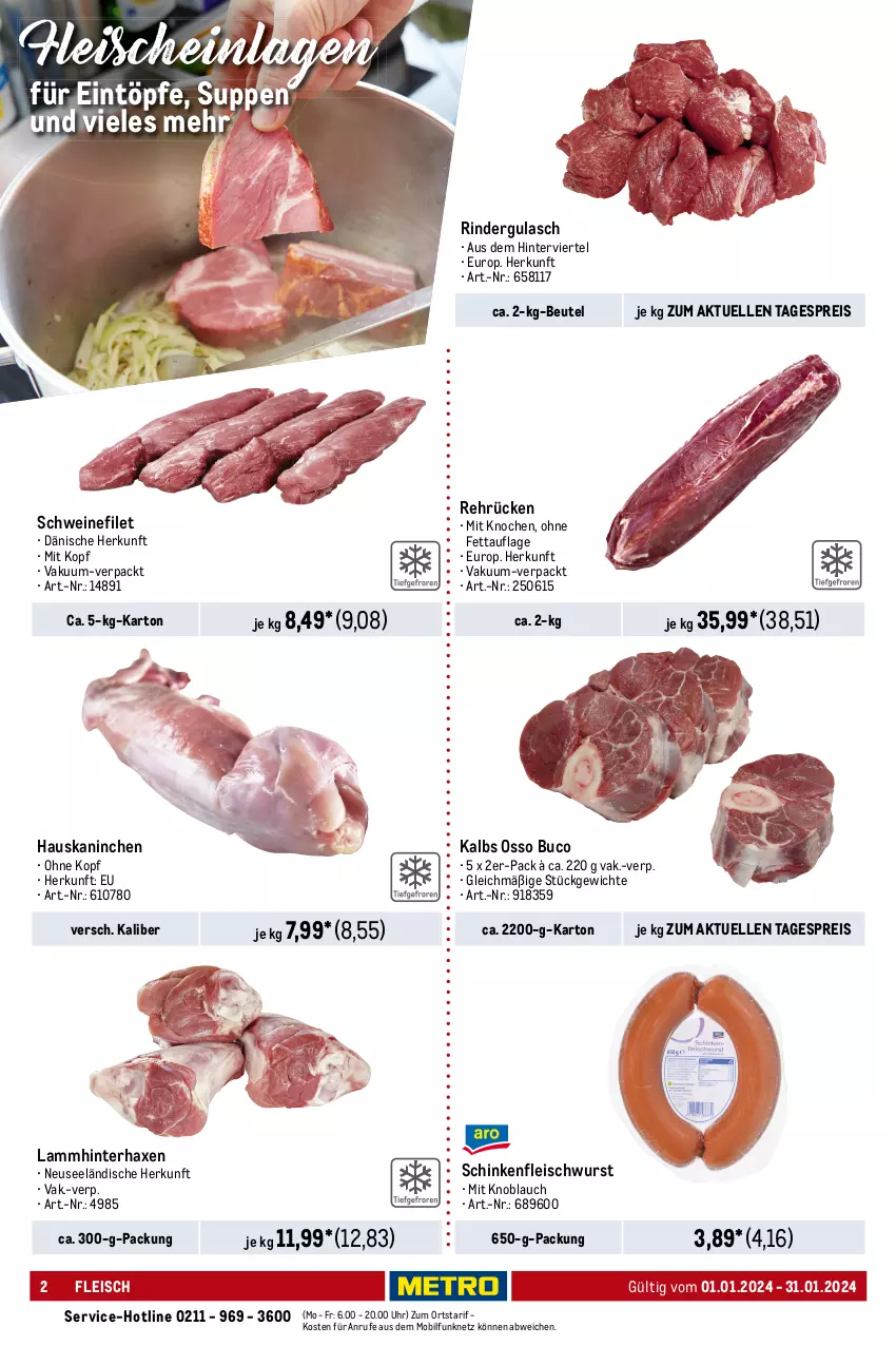 Aktueller Prospekt Metro - Lieferservice Aktuell - von 01.01 bis 31.01.2024 - strona 2 - produkty: axe, Bau, beutel, bockwurst, buch, curry, eintöpfe, eis, elle, filet, fleisch, fleischwurst, gulasch, Haxe, Holz, knoblauch, lamm, lieferservice, Meister, Metro, Mett, metten, Mettenden, mit knoblauch, natur, reis, rind, rinder, rindergulasch, rwe, schinken, schinkenfleischwurst, schwein, schweine, schweinefilet, Speck, suppe, suppen, Ti, uhr, wein, weine, würfel, wurst