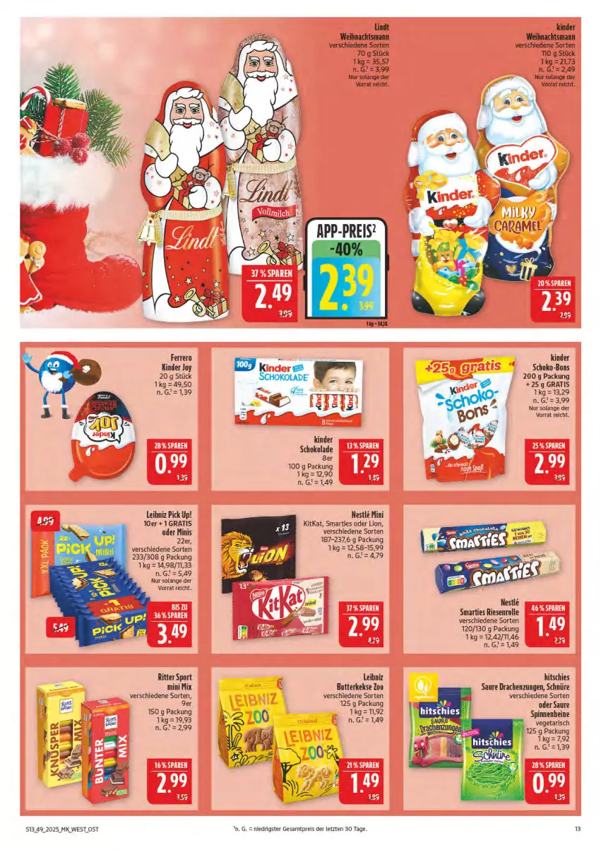Aktueller Prospekt Marktkauf - Prospekt - von 30.11 bis 06.12.2025 - strona 13 - produkty: butter, butterkeks, eis, ferrero, keks, kekse, Kinder, kinder schokolade, kitkat, leibniz, lindt, lion, Pick Up!, reis, ritter, ritter sport, schoko, schoko-bons, schokolade, smarties, Sport, Ti, Vegeta, ZTE