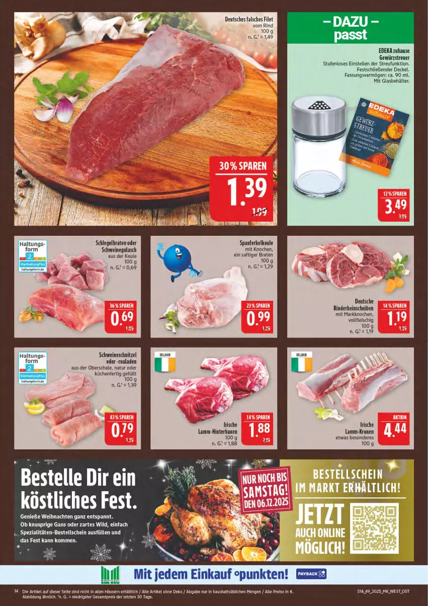 Aktueller Prospekt Marktkauf - Prospekt - von 30.11 bis 06.12.2025 - strona 14 - produkty: axe, Behälter, braten, decke, Deckel, deka, eis, elle, Falsches Filet, filet, fleisch, gewürz, gulasch, Haxe, krone, küche, Küchen, lamm, natur, reis, rind, rinder, rouladen, saft, Schal, Schale, schnitzel, schwein, schweine, schweinegulasch, schweineschnitzel, Spezi, Ti, weihnachten, wein, weine, Wild, ZTE