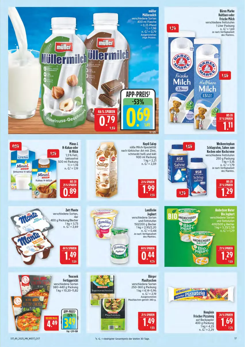 Aktueller Prospekt Marktkauf - Prospekt - von 30.11 bis 06.12.2025 - strona 17 - produkty: Becher, creme, eis, fertiggericht, flasche, frische milch, henglein, joghur, joghurt, kakao, Kochcreme, landliebe, landliebe joghurt, maultaschen, milch, monte, natur, papier, pizza, Pizzateig, reis, sahne, schlagrahm, Spezi, Tasche, taschen, Ti, weihenstephan, Yo, YouCook, zott, Zott Monte, ZTE