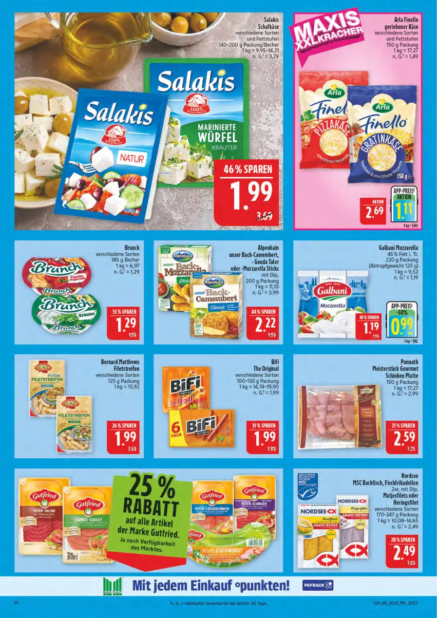 Aktueller Prospekt Marktkauf - Prospekt - von 30.11 bis 06.12.2025 - strona 20 - produkty: Alpenhain, arla, backfisch, Becher, bifi, camembert, dell, dip, eis, elle, filet, filets, finello, fisch, frikadellen, galbani, gin, gouda, hering, Herings, Käse, latte, matjes, Matjesfilet, matjesfilets, Meister, mozzarella, Nordsee, ponnath, pute, reifen, reis, rel, ring, salakis, schafkäse, schinken, Ti, ZTE