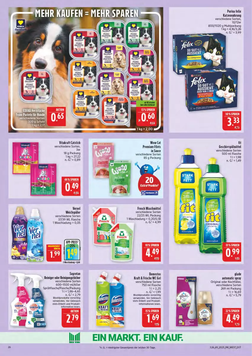 Aktueller Prospekt Marktkauf - Prospekt - von 30.11 bis 06.12.2025 - strona 26 - produkty: auto, bio, biozidprodukte, domestos, eis, felix, filet, filets, flasche, Frosch, geschirr, geschirrspülmittel, gin, katzennahrung, kraft, purina, Rauch, reiniger, Reinigung, reinigungstücher, reis, rwe, sagrotan, sauce, sprühflasche, spülmittel, Ti, tücher, vernel, vita, vitakraft, waschmittel, weichspüler, ZTE
