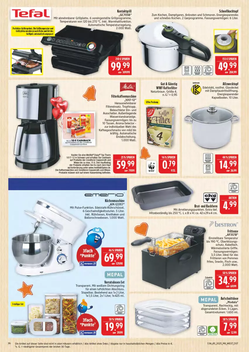 Aktueller Prospekt Marktkauf - Prospekt - von 30.11 bis 06.12.2025 - strona 36 - produkty: aufschnitt, aust, auto, Backform, ball, braten, braun, coppenrath, decke, Deckel, edelstahl, eis, elle, fritteuse, Glasdeckel, grill, grillplatte, kaffee, kaffeemaschine, Kochtopf, kontaktgrill, küche, Küchen, küchenmaschine, latte, Leuchte, Liege, mac, melitta, natur, Pfau, pommes, reis, ring, Rührschüssel, Schal, Schneebesen, Schnellkochtopf, schüssel, tasse, Ti, Tiere, tisch, topf, wasser, weck, ZTE