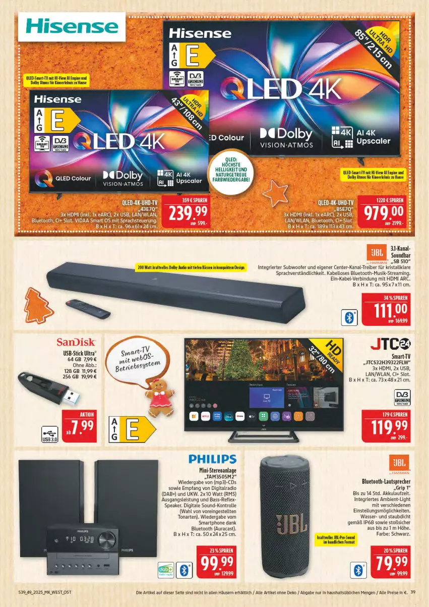 Aktueller Prospekt Marktkauf - Prospekt - von 30.11 bis 06.12.2025 - strona 39 - produkty: akku, bluetooth-lautsprecher, eis, elle, ente, gin, HDMI, hisense, jbl, jtc, kraft, lautsprecher, Mp3, Philips, qled, Radio, reis, smartphone, soundbar, Subwoofer, Ti, usb, wasser