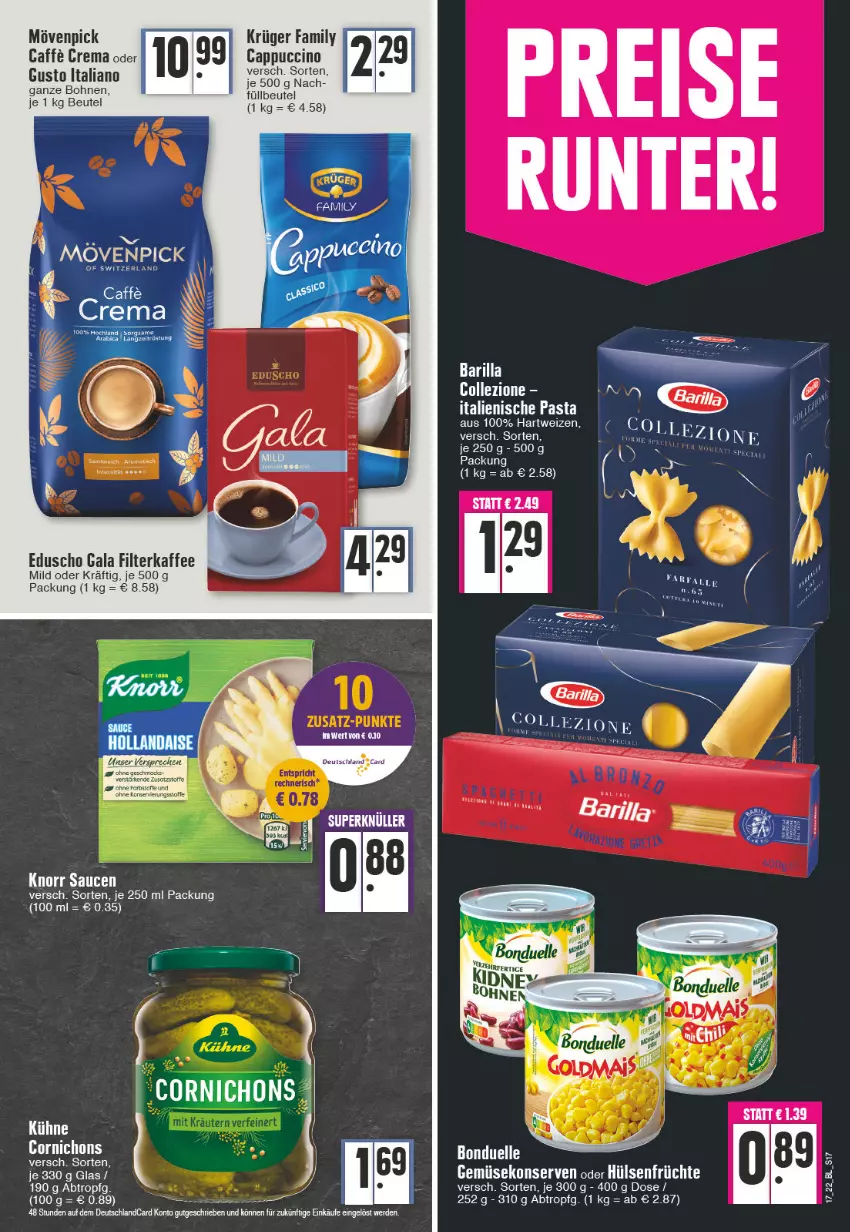 Aktueller Prospekt Edeka - Angebote der Woche - von 25.04 bis 30.04.2022 - strona 17 - produkty: barilla, beutel, bohne, bohnen, bonduelle, caffe, Cap, cappuccino, cin, deutschlandcard, eduscho, eis, elle, erde, filterkaffee, früchte, Gemüsekonserve, hartweizen, hülsenfrüchte, italienische pasta, kaffee, Konserven, krüger, mövenpick, oder cappuccino, pasta, reis, senf, Ti