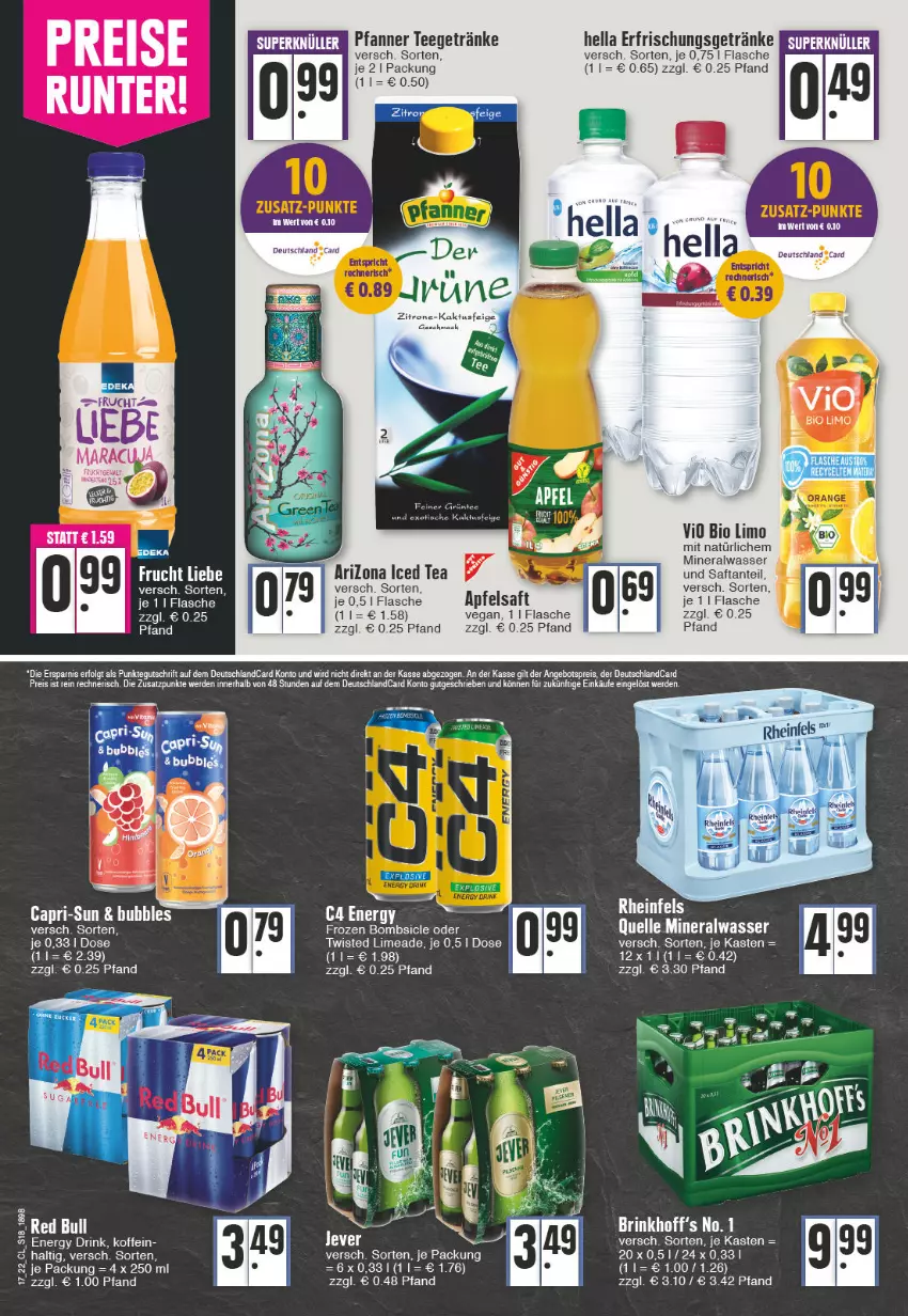 Aktueller Prospekt Edeka - Angebote der Woche - von 25.04 bis 30.04.2022 - strona 18 - produkty: Alwa, angebot, angebotspreis, apfel, apfelsaft, bio, bio limo, Cap, capri-sun, deutschlandcard, drink, eis, elle, energy drink, erde, erfrischungsgetränk, erfrischungsgetränke, flasche, frucht, getränk, getränke, hella, limo, mineralwasser, pfanne, Pfanner, red bull, reis, saft, tee, Ti, vio bio limo, wasser