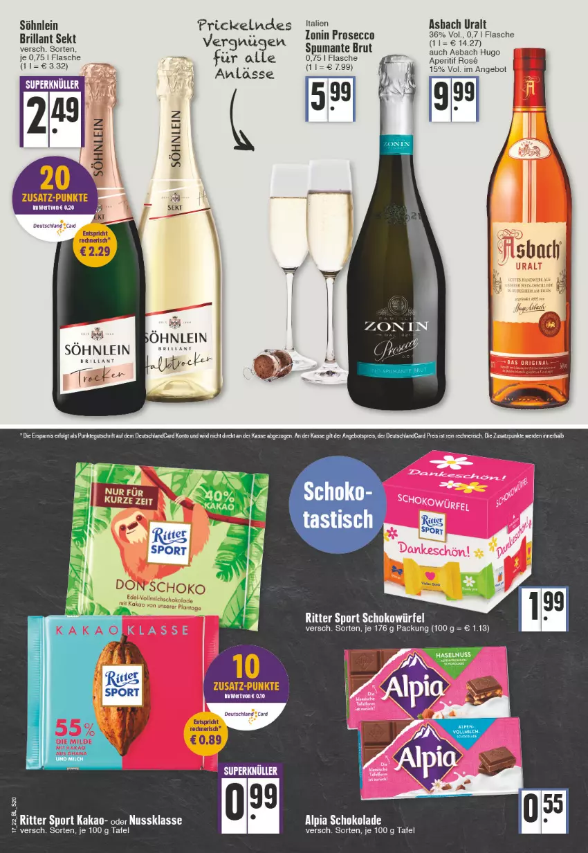 Aktueller Prospekt Edeka - Angebote der Woche - von 25.04 bis 30.04.2022 - strona 20 - produkty: alpia, angebot, aperitif, asbach uralt, brillant sekt, brut, ecco, flasche, hugo, kakao, milch, nuss, prosecco, puma, schoko, schokolade, sekt, söhnlein, Sport, spumante, tee, Ti, vollmilch, zonin