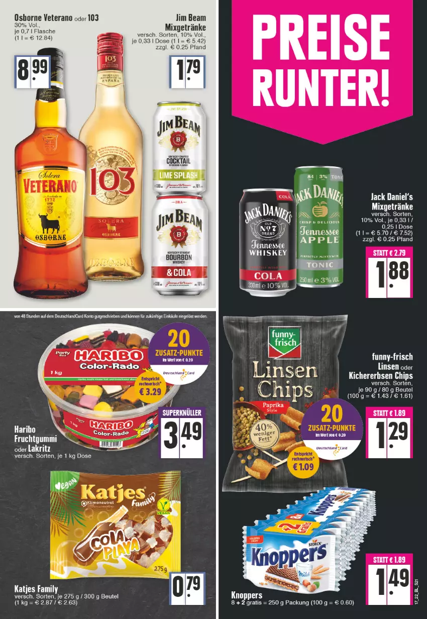 Aktueller Prospekt Edeka - Angebote der Woche - von 25.04 bis 30.04.2022 - strona 21 - produkty: Apple, bett, beutel, bourbon, chips, cocktail, cola, eis, erbsen, flasche, funny-frisch, getränk, getränke, haribo, jack daniel, jack daniel's, jim beam, katjes, kentucky straight, kichererbsen, Kichererbsen Chips, LG, linsen, Mixgetränk, osborne, paprika, reis, Ti, tuc, veterano