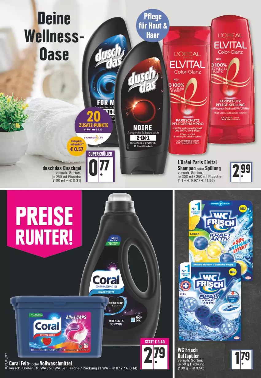 Aktueller Prospekt Edeka - Angebote der Woche - von 25.04 bis 30.04.2022 - strona 22 - produkty: asti, colorwaschmittel, Coral, duschdas, duschgel, eier, eis, elvital, flasche, LG, Pfingstrosen, reis, rosen, shampoo, shampoo oder spülung, spülung, tee, Ti, vita, vollwaschmittel, waschmittel