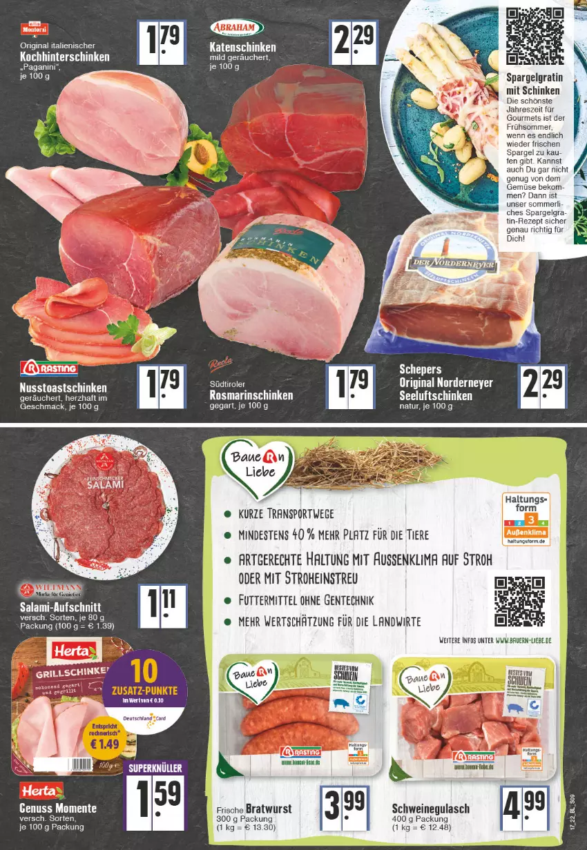 Aktueller Prospekt Edeka - Angebote der Woche - von 25.04 bis 30.04.2022 - strona 9 - produkty: aufschnitt, Bau, beko, bratwurst, ente, gin, grill, gulasch, herta, hinterschinken, katenschinken, LG, mac, merl, rezept, rosmarin, salami, schinken, schwein, schweine, schweinegulasch, Seeluftschinken, spargel, Sport, Ti, Tiere, wein, weine, wurst