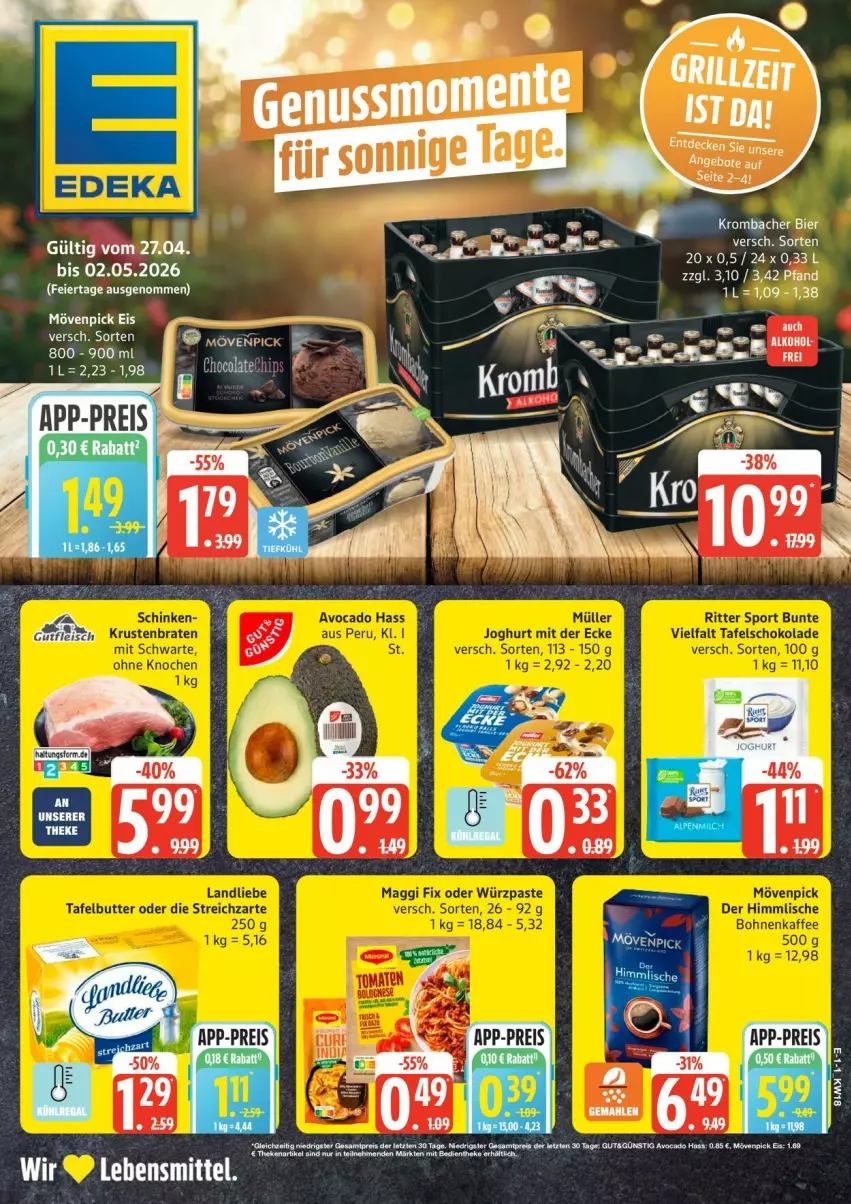 Aktueller Prospekt Edeka - Prospekte - von 27.04 bis 02.05.2026 - strona 1 - produkty: avocado, bier, eier, eis, krombache, krombacher, lebensmittel, mövenpick, mövenpick eis, reis, Ti, ZTE