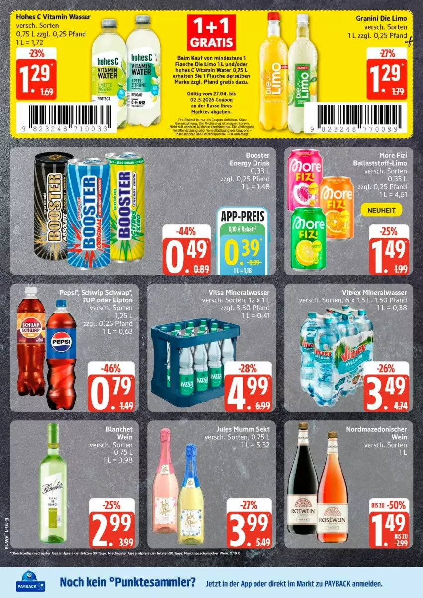 Aktueller Prospekt Edeka - Prospekte - von 27.04 bis 02.05.2026 - strona 19 - produkty: Alwa, apfel, ball, coupon, eis, flasche, granini, granini die limo, Hohes C, limo, mineralwasser, payback, tee, tesa, Ti, tuner, vita, vitrex, wasser, wein, zitrone, ZTE