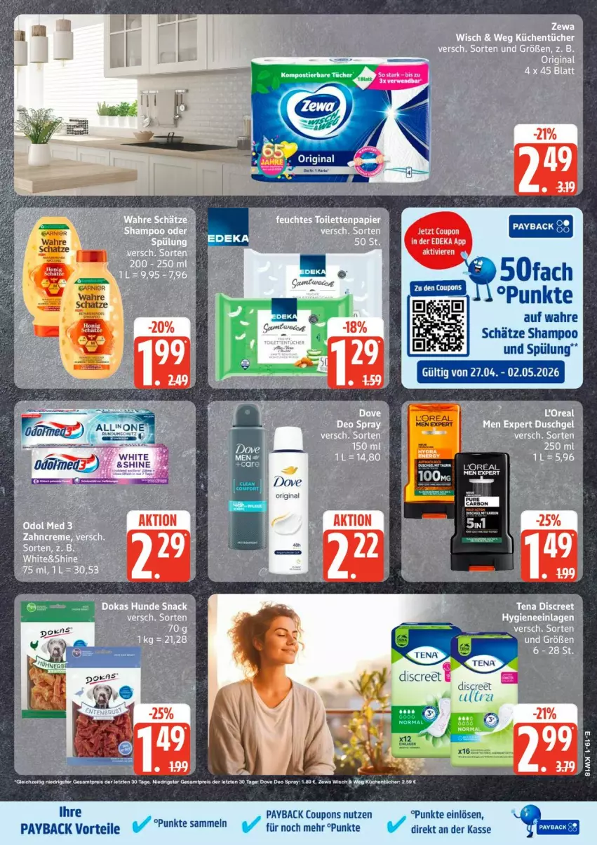 Aktueller Prospekt Edeka - Prospekte - von 27.04 bis 02.05.2026 - strona 22 - produkty: coupon, coupons, deo, deo spray, Discreet, dove, eis, gin, küche, Küchen, küchentücher, loreal, Odol, payback, reis, shampoo, spülung, Ti, tücher, Wahre Schätze, zewa, ZTE