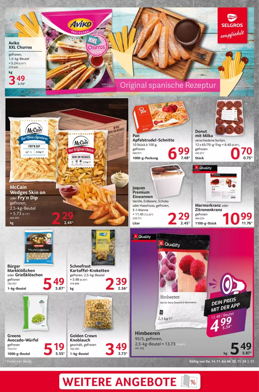 Aktueller Prospekt Selgros - Food - von 14.11 bis 20.11.2024 - strona 11 - produkty: apfel, Apfelstrudel, avocado, backwaren, beere, beeren, beutel, dessert, desserts, dip, Donut, eis, erdbeere, haselnuss, himbeer, himbeere, himbeeren, kartoffel, Kette, knoblauch, Kranz, Kroketten, mccain, milka, nuss, schoko, Strudel, vanille, Wanne, wedges, würfel, zitrone, zitronen