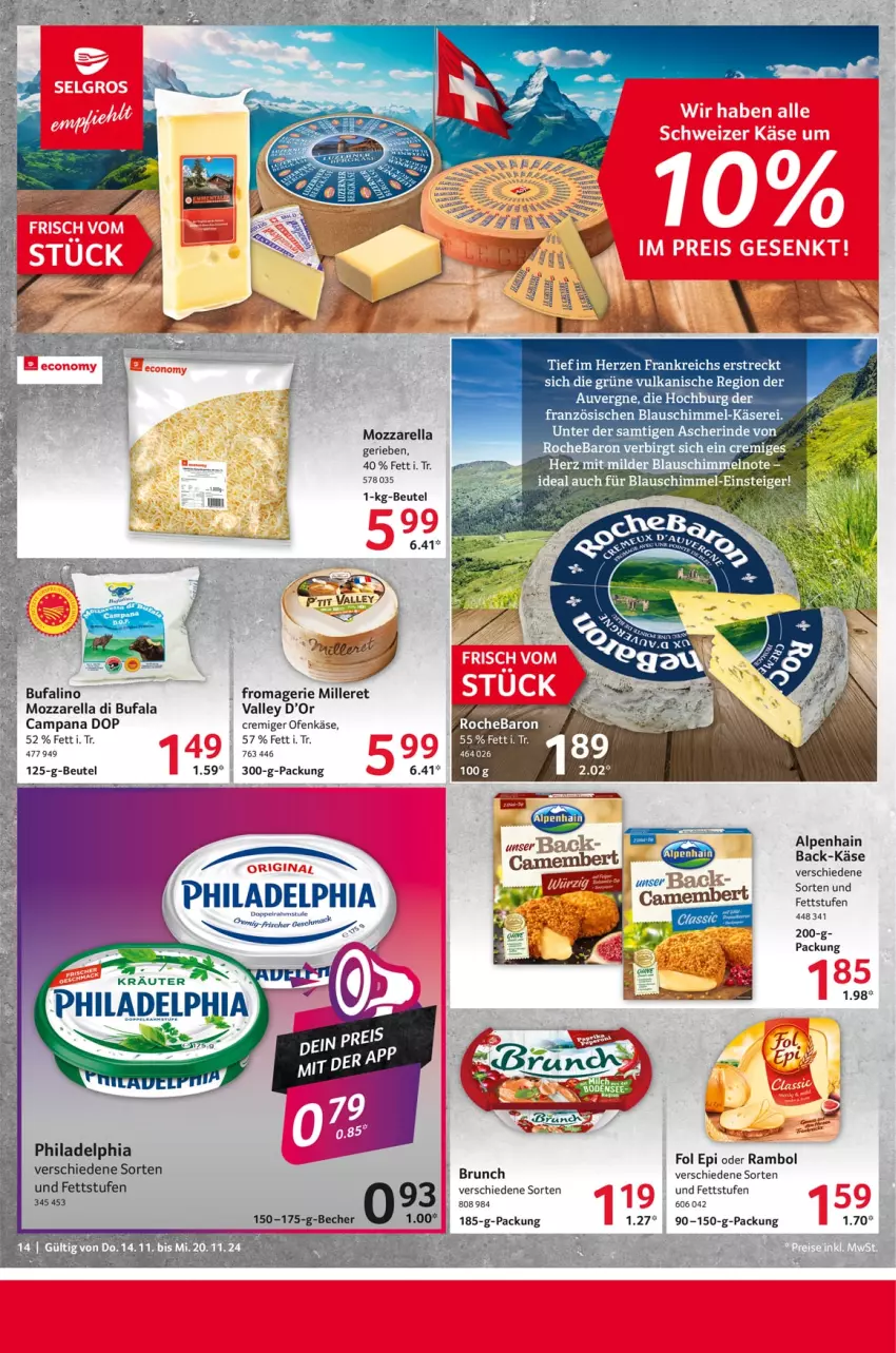 Aktueller Prospekt Selgros - Food - von 14.11 bis 20.11.2024 - strona 14 - produkty: Alpenhain, Becher, beutel, di bufala, doppelrahmstufe, fol epi, Käse, mozzarella, Ofen, Ofenkäse, philadelphia, rel, rind, tee, Ti