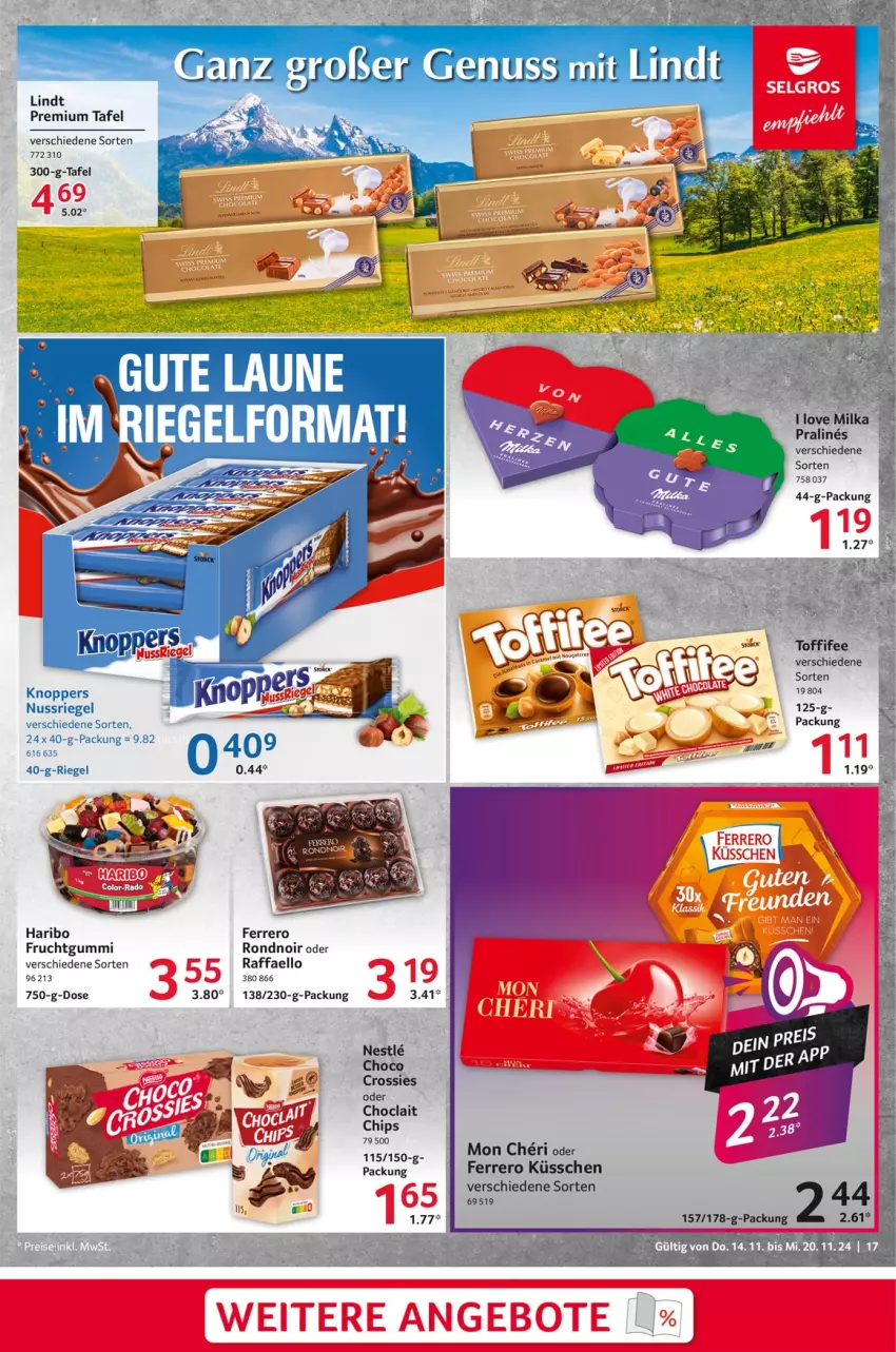 Aktueller Prospekt Selgros - Food - von 14.11 bis 20.11.2024 - strona 17 - produkty: chips, choclait chips, crossies, ente, ferrero, Ferrero Küsschen, frucht, fruchtgummi, haribo, knoppers, lindt, milka, nuss, nussriegel, raffaello, riegel, Ti, toffifee