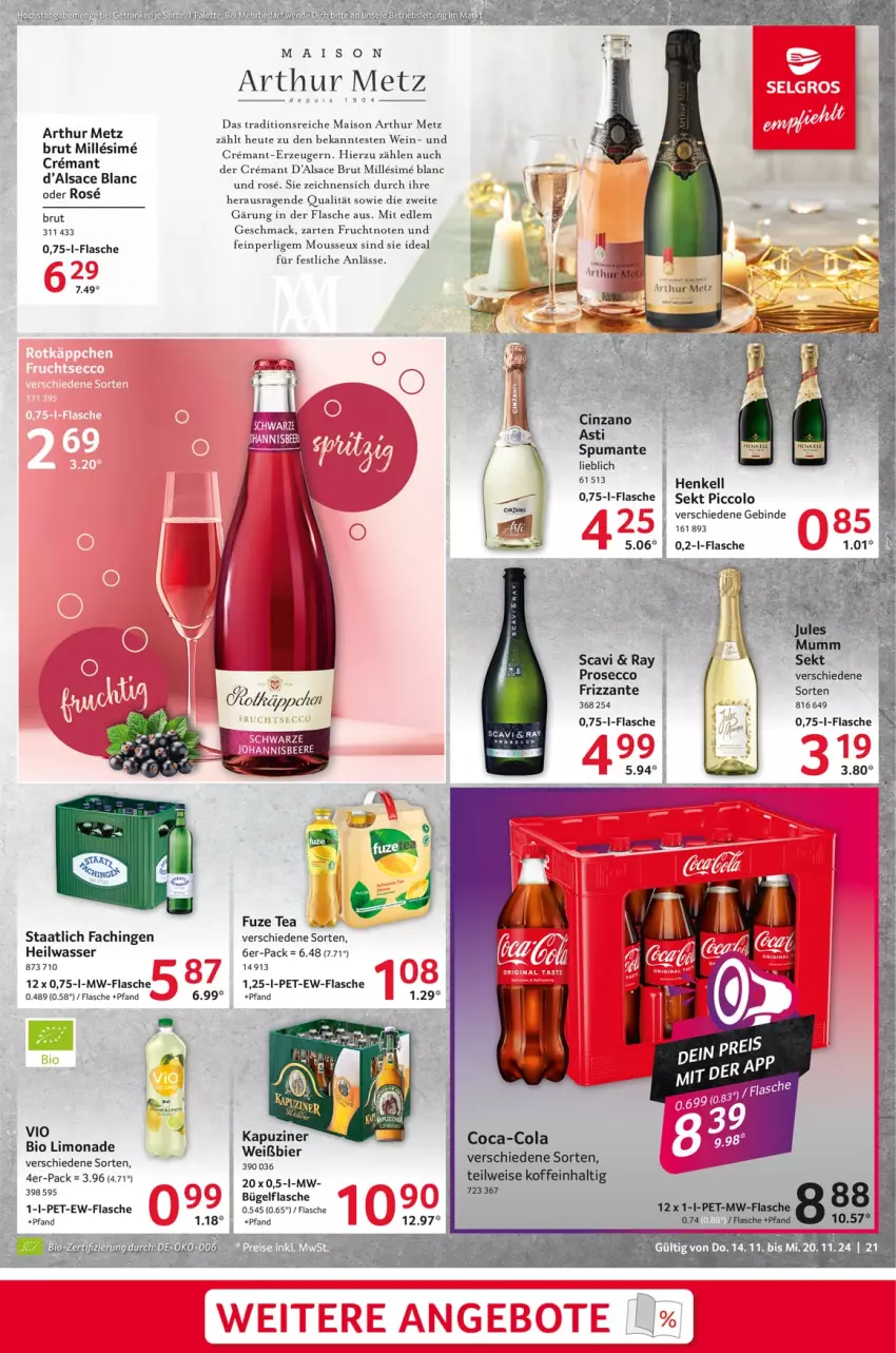 Aktueller Prospekt Selgros - Food - von 14.11 bis 20.11.2024 - strona 21 - produkty: bier, bio, bio limo, brut, bügel, bügelflasche, cin, cinzano, cola, ecco, eis, flasche, frizzante, frucht, fuze tea, henkel, henkell, Heu, limo, limonade, mac, mais, mousse, mw-flasche, prosecco, puma, sac, sekt, sim, spumante, Ti, wasser, wein