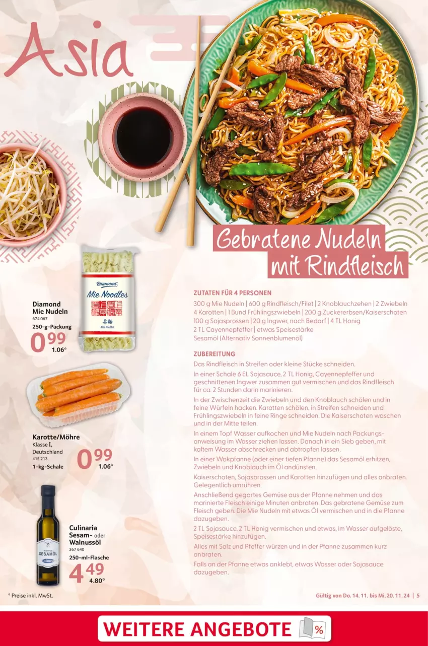 Aktueller Prospekt Selgros - Food - von 14.11 bis 20.11.2024 - strona 5 - produkty: angebot, angebote, blume, blumen, blumenöl, braten, culinaria, eis, erbsen, filet, fleisch, honig, ingwer, Kaiser, karotten, knoblauch, leine, nudel, nudeln, nuss, pfanne, pfeffer, reifen, reis, Ria, rind, rindfleisch, salz, sauce, Schal, Schale, schnitten, sesam, Sesamöl, soja, sojasauce, sonnenblume, sonnenblumen, sonnenblumenöl, Ti, topf, walnuss, wasser, wok, zucker, zwiebel, zwiebeln