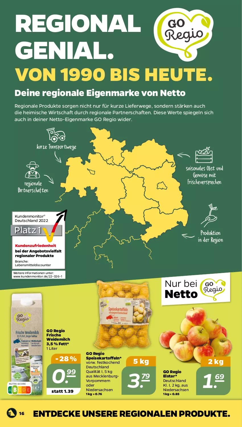 Aktueller Prospekt Netto - Woche 16 - von 17.04 bis 22.04.2023 - strona 16 - produkty: decke, eis, Heu, kartoffel, kartoffeln, milch, monitor, obst, Obst und Gemüse, rwe, sac, speisekartoffeln, spiegel, Sport, Ti, und gemüse, weidemilch