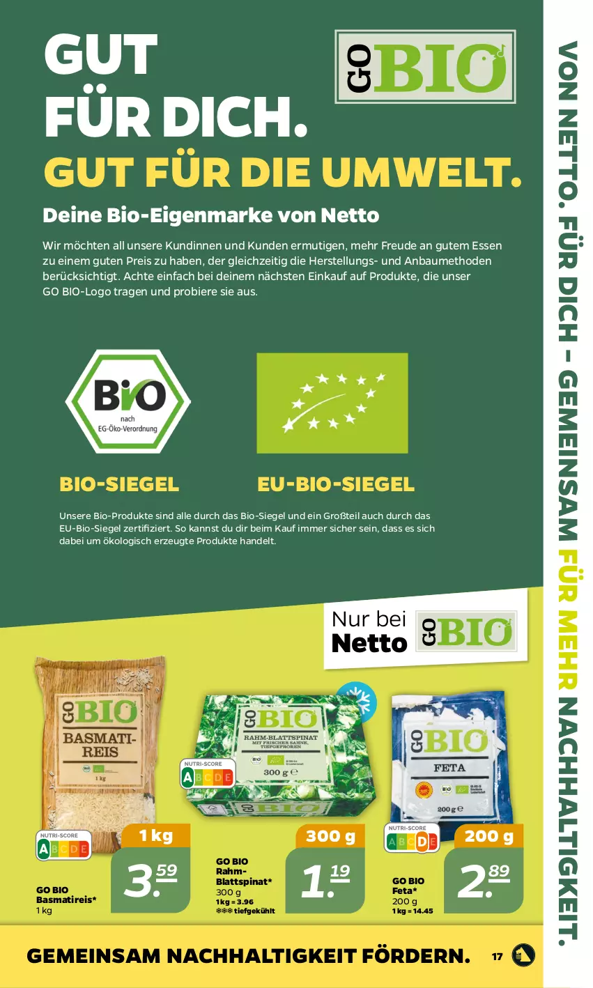 Aktueller Prospekt Netto - Woche 16 - von 17.04 bis 22.04.2023 - strona 17 - produkty: basmati, Bau, bier, Biere, bio, blattspinat, eis, feta, reis, spinat, Ti