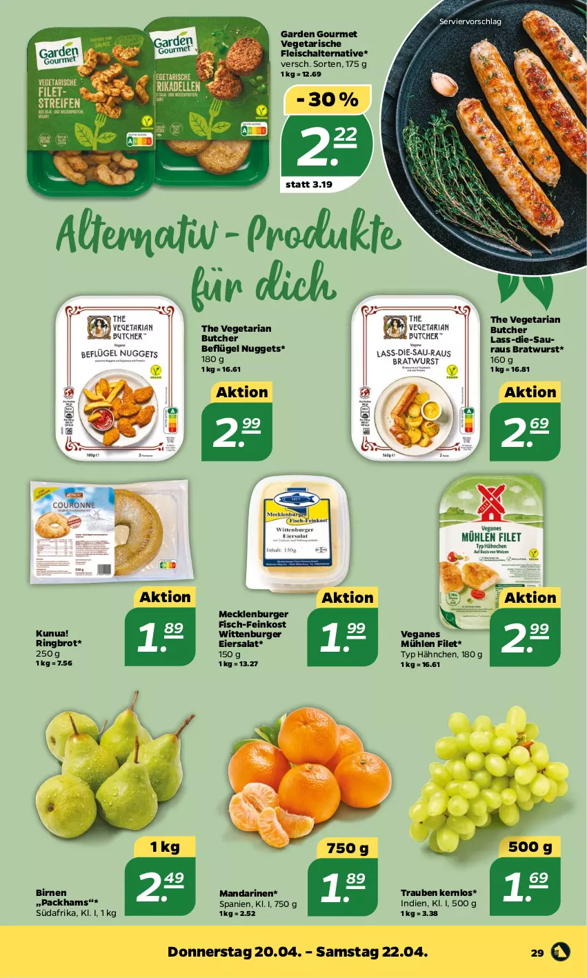 Aktueller Prospekt Netto - Woche 16 - von 17.04 bis 22.04.2023 - strona 29 - produkty: Birnen, bratwurst, brot, burger, eier, eiersalat, eis, feinkost, filet, fisch, fleisch, Fleischalternative, garden gourmet, mandarine, mandarinen, nuggets, Ria, ring, salat, Schal, The Vegetarian Butcher, Ti, trauben, Vegeta, wurst