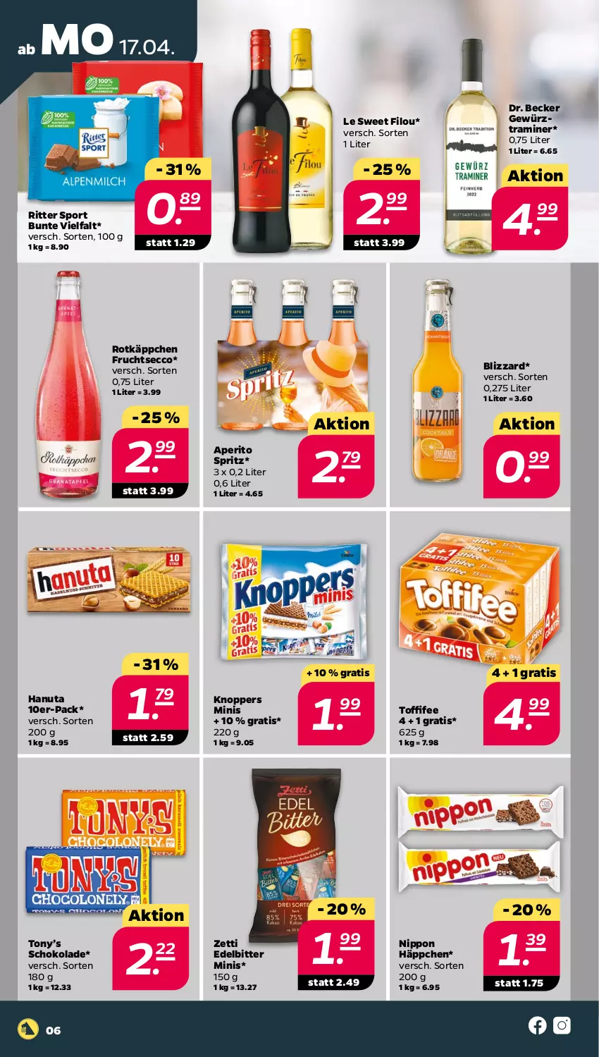 Aktueller Prospekt Netto - Woche 16 - von 17.04 bis 22.04.2023 - strona 6 - produkty: Blizzard, ecco, frucht, fruchtsecco, gewürz, hanuta, knoppers, nippon, ritter, ritter sport, rotkäppchen, schoko, schokolade, Sport, Ti, toffifee