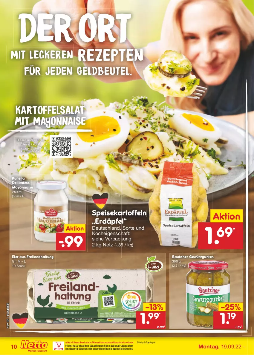 Aktueller Prospekt Netto Marken-Discount - Filial-Angebote - von 19.09 bis 24.09.2022 - strona 10 - produkty: Bau, bestpreis, beutel, eier, eis, gewürz, Gewürzgurke, gewürzgurken, gurke, gurken, kartoffel, kartoffeln, kartoffelsalat, mayonnaise, ndk, reis, rezept, rezepte, salat, speisekartoffeln, Ti, versandkostenfrei, Yo