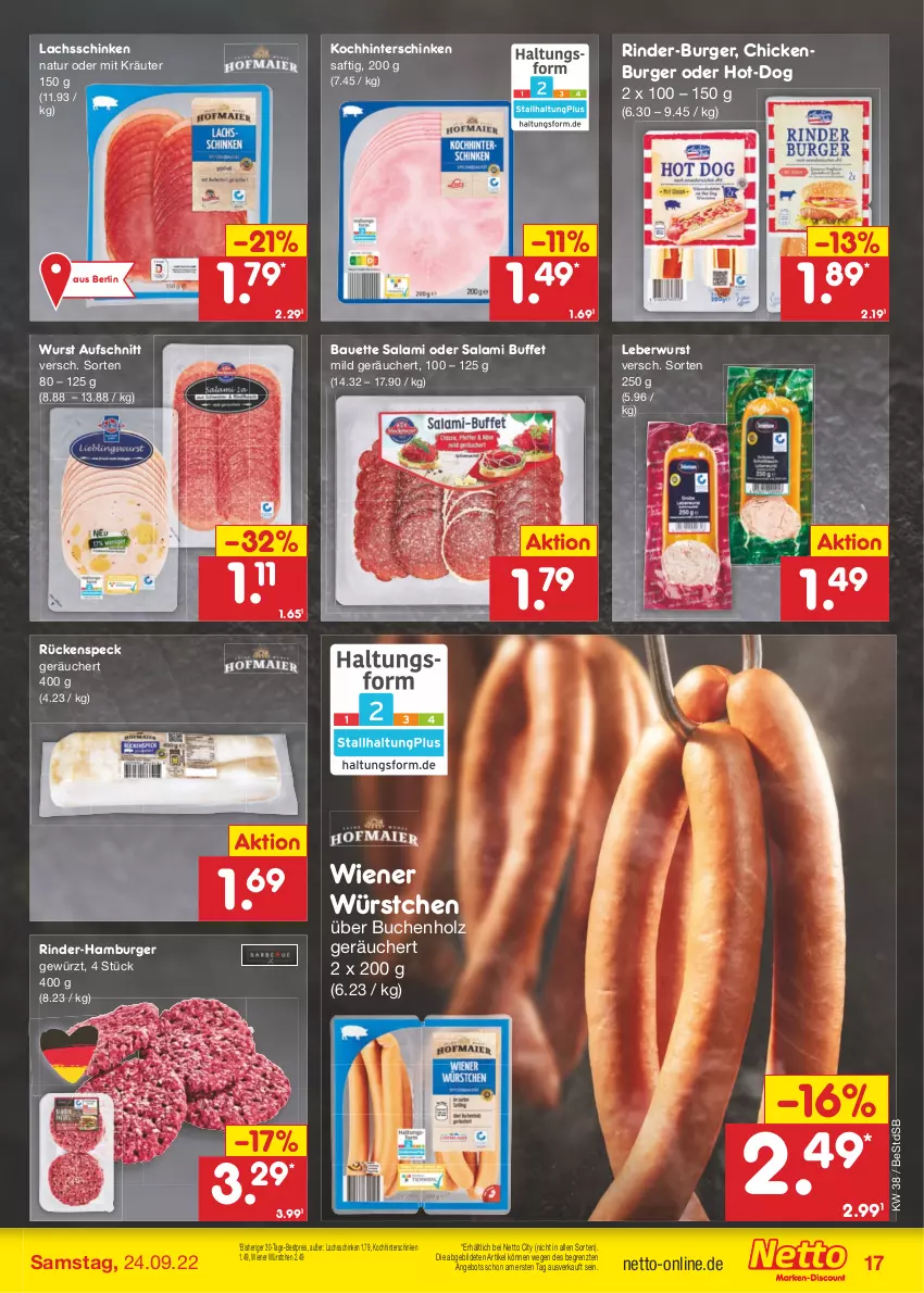 Aktueller Prospekt Netto Marken-Discount - Filial-Angebote - von 19.09 bis 24.09.2022 - strona 17 - produkty: angebot, aufschnitt, Bau, bestpreis, buch, burger, eis, gewürz, hamburger, hinterschinken, Holz, kräuter, lachs, lachsschinken, leberwurst, natur, reis, rind, rinder, saft, salami, schinken, Speck, Ti, wiener, wiener würstchen, wurst, würstchen, ZTE