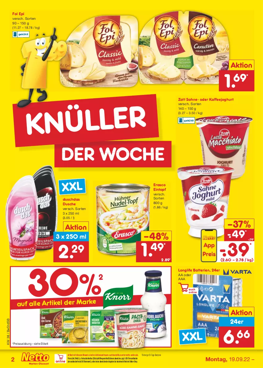 Aktueller Prospekt Netto Marken-Discount - Filial-Angebote - von 19.09 bis 24.09.2022 - strona 2 - produkty: batterie, batterien, bestpreis, duschdas, dusche, eintopf, eis, erasco, fol epi, joghur, joghurt, kaffee, longlife, ndk, reis, sahne, Ti, topf, versandkostenfrei, zott