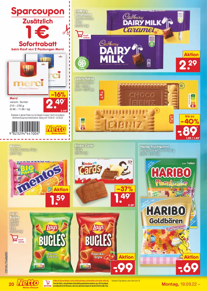 Aktueller Prospekt Netto Marken-Discount - Filial-Angebote - von 19.09 bis 24.09.2022 - strona 20 - produkty: bestpreis, bugles, coupon, coupons, eis, frucht, fruchtgummi, haribo, keks, kekse, Kinder, leibniz, mentos, merci, ndk, reis, schoko, schokolade, sofortrabatt, Ti, versandkostenfrei