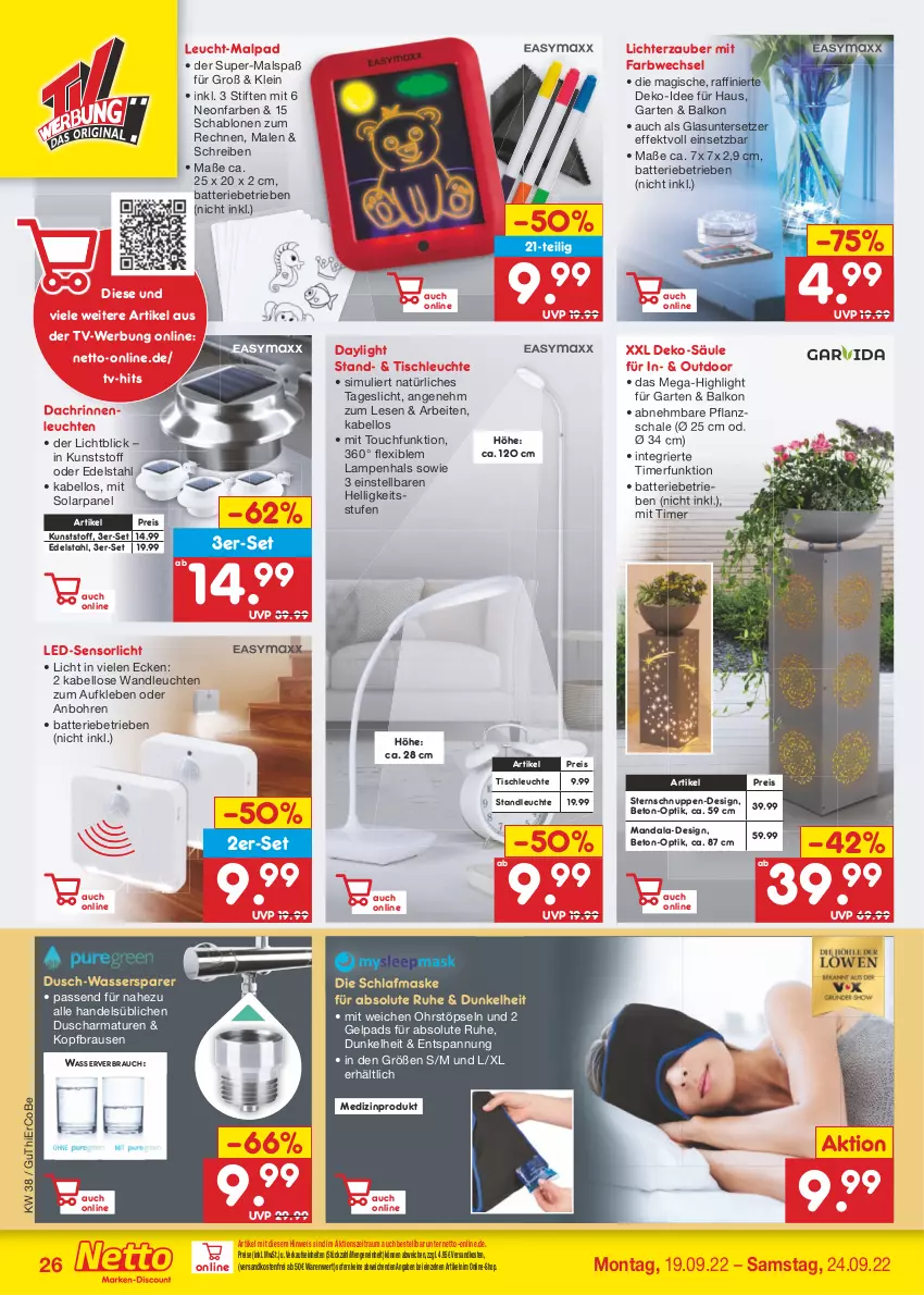 Aktueller Prospekt Netto Marken-Discount - Filial-Angebote - von 19.09 bis 24.09.2022 - strona 26 - produkty: armatur, armaturen, batterie, brause, edelstahl, eis, Garten, Lampe, Leuchte, leuchten, Maske, medizinprodukt, ndk, Rauch, reis, Schal, Schale, sim, stifte, Ti, timer, tisch, tischleuchte, Untersetzer, versandkostenfrei, wasser