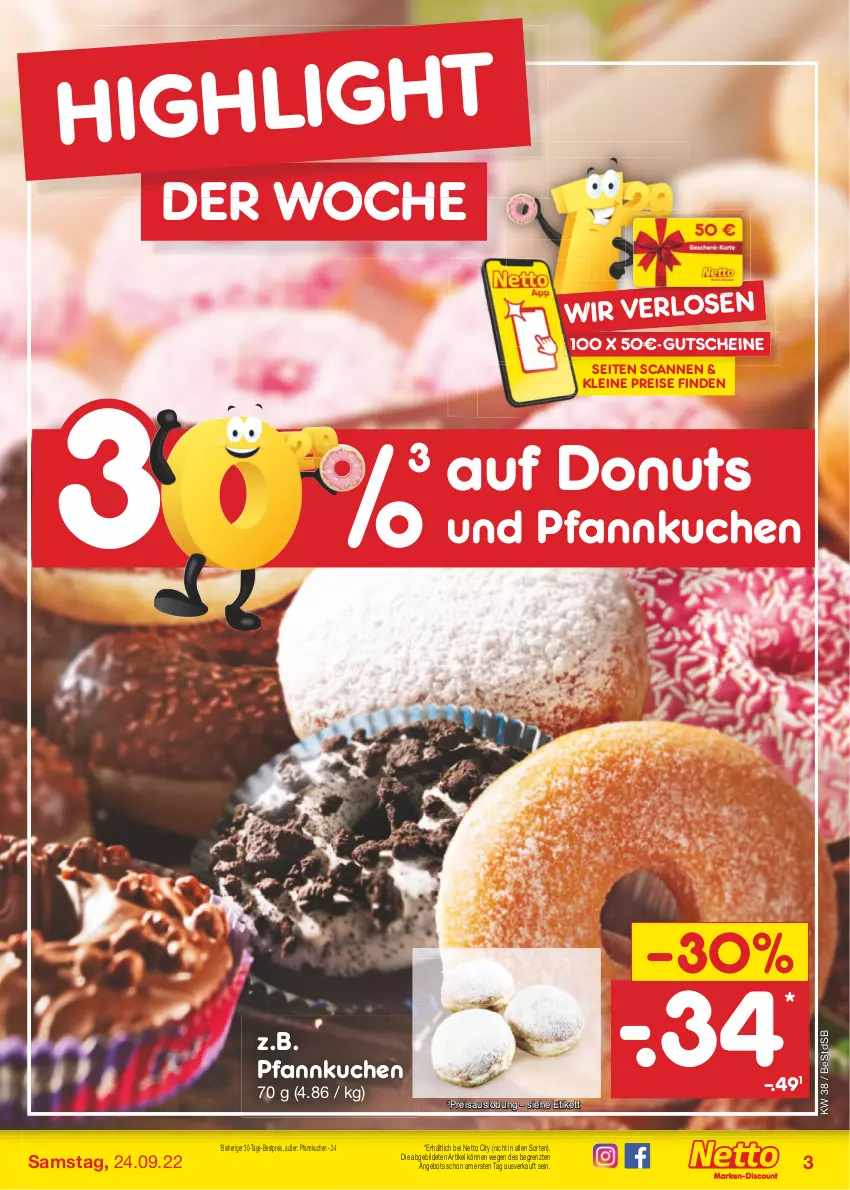 Aktueller Prospekt Netto Marken-Discount - Filial-Angebote - von 19.09 bis 24.09.2022 - strona 3 - produkty: angebot, bestpreis, Donut, donuts, eis, gutschein, gutscheine, kuchen, leine, Pfannkuchen, reis, Ti, ZTE