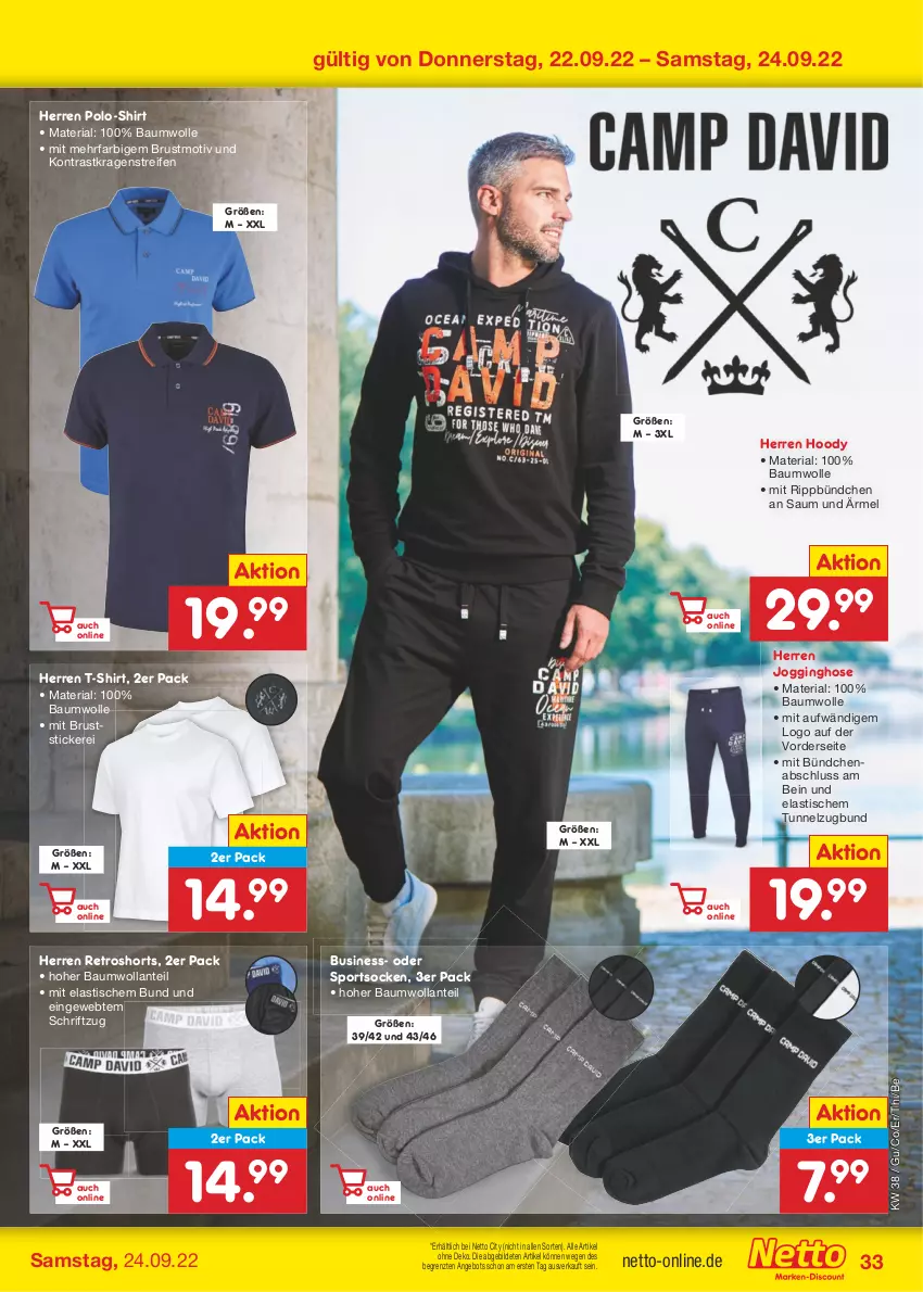 Aktueller Prospekt Netto Marken-Discount - Filial-Angebote - von 19.09 bis 24.09.2022 - strona 33 - produkty: angebot, asti, Bau, baumwolle, gin, hose, Jogginghose, Polo-Shirt, reifen, retroshorts, Ria, Schriftzug, shirt, shorts, socken, Sport, sportsocken, T-Shirt, Ti, tisch, wolle, ZTE