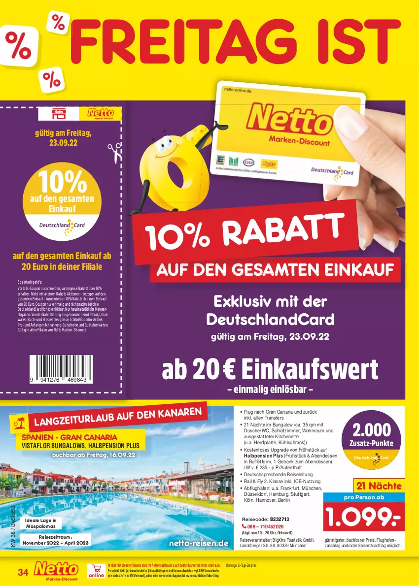 Aktueller Prospekt Netto Marken-Discount - Filial-Angebote - von 19.09 bis 24.09.2022 - strona 34 - produkty: Berger, bestpreis, buch, coupon, deutschlandcard, discount, dusche, eduscho, eis, getränk, guthabenkarte, gutschein, gutscheine, kühlschrank, latte, marken-discount, milch, ndk, pril, reis, reiseveranstalter, Ria, schlafzimmer, Schrank, Tchibo, Ti, uhr, versandkostenfrei