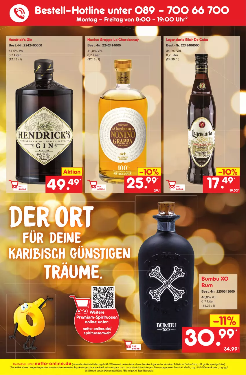 Aktueller Prospekt Netto Marken-Discount - Filial-Angebote - von 19.09 bis 24.09.2022 - strona 41 - produkty: angebot, bestpreis, Bumbu, chardonnay, eis, gin, grappa, Hendrick's Gin, ndk, reis, rum, spirituosen, Ti, uhr, versandkostenfrei, ZTE