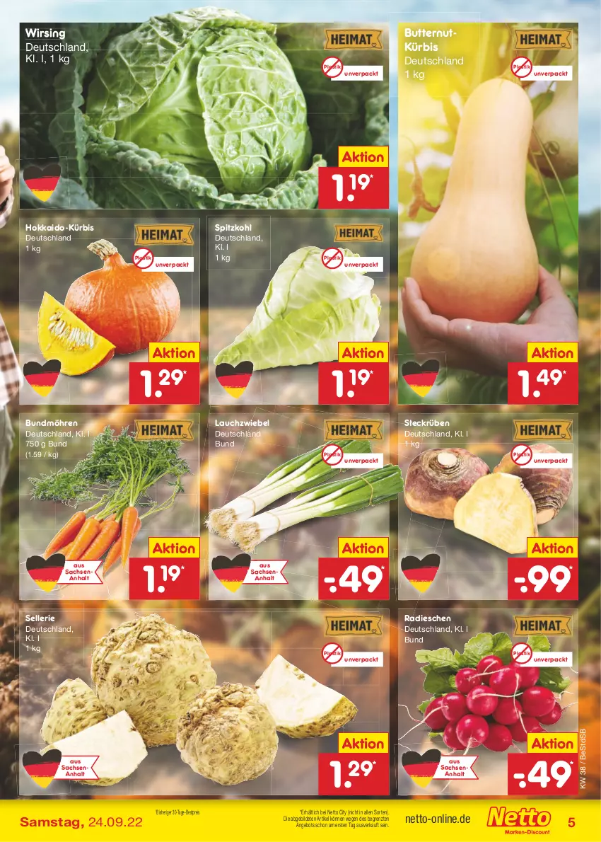 Aktueller Prospekt Netto Marken-Discount - Filial-Angebote - von 19.09 bis 24.09.2022 - strona 5 - produkty: angebot, asti, bestpreis, Bundmöhren, butter, eis, elle, Kürbis, Lauchzwiebel, möhren, radieschen, reis, sac, spitzkohl, Ti, Wirsing, ZTE, zwiebel