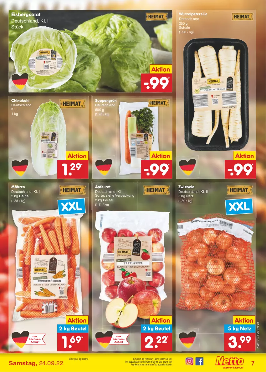 Aktueller Prospekt Netto Marken-Discount - Filial-Angebote - von 19.09 bis 24.09.2022 - strona 7 - produkty: angebot, bestpreis, beutel, eis, eisbergsalat, möhren, petersilie, reis, sac, salat, Schal, Schale, suppe, suppen, Ti, ZTE, zwiebel, zwiebeln