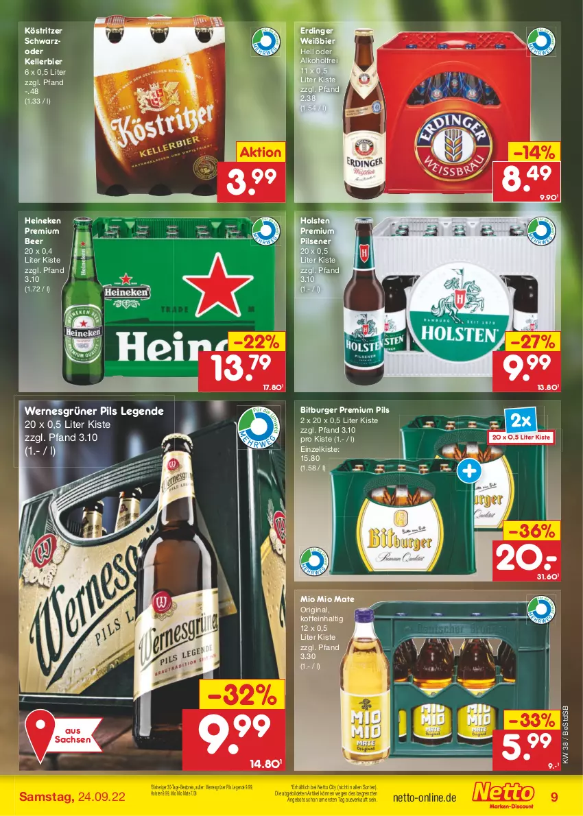 Aktueller Prospekt Netto Marken-Discount - Filial-Angebote - von 19.09 bis 24.09.2022 - strona 9 - produkty: alkohol, angebot, bestpreis, bier, bitburger, burger, eis, elle, erdinger, gin, heineken, holsten, kellerbier, köstritzer, Mio Mio, pils, pilsener, premium pils, reis, sac, Ti, ZTE