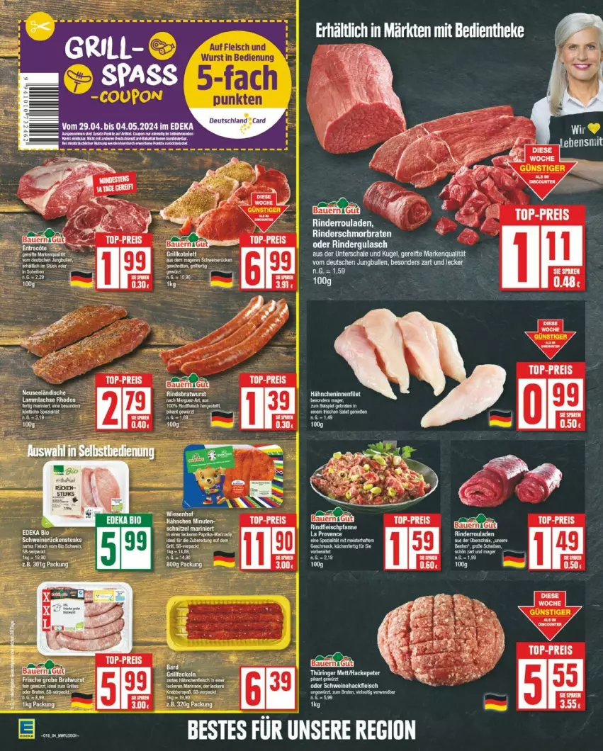 Aktueller Prospekt Edeka - Prospekte - von 29.04 bis 04.05.2024 - strona 4 - produkty: beere, beeren, bier, braten, bratwurst, dessert, eis, fleisch, hackfleisch, HP, LG, Meister, reis, rind, rinder, Rinderroulade, rinderrouladen, rouladen, schwein, schweine, Schweinehackfleisch, tee, Ti, top-preis, wein, weine, wurst