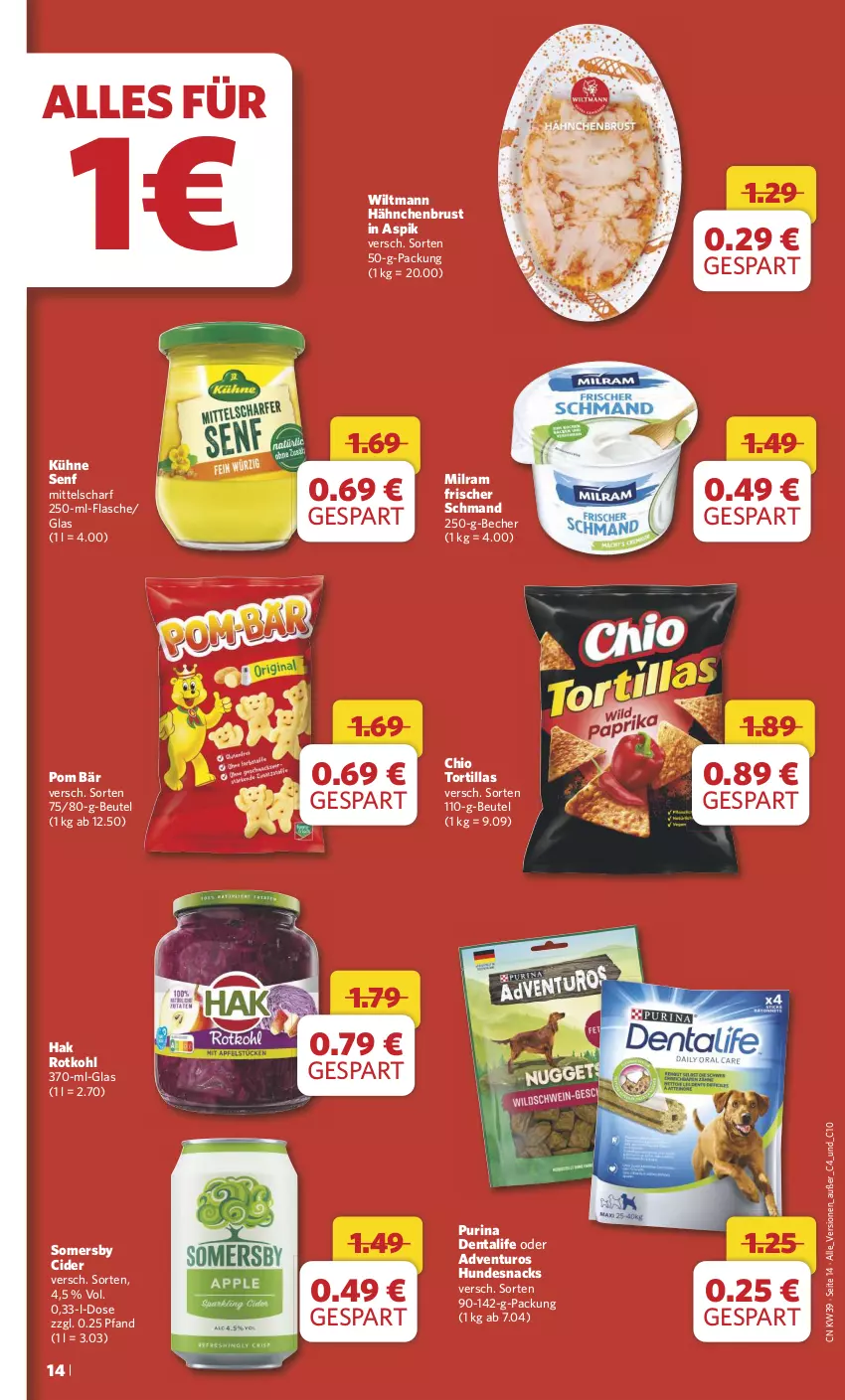 Aktueller Prospekt Combi - Prospekte - von 23.09 bis 28.09.2024 - strona 14 - produkty: adventuros, Becher, beutel, cider, flasche, hähnchenbrust, hundesnack, hundesnacks, Kühne, kühne senf, milram, purina, rotkohl, schmand, senf, snack, snacks, somersby, Ti, tortilla, tortillas, wiltmann