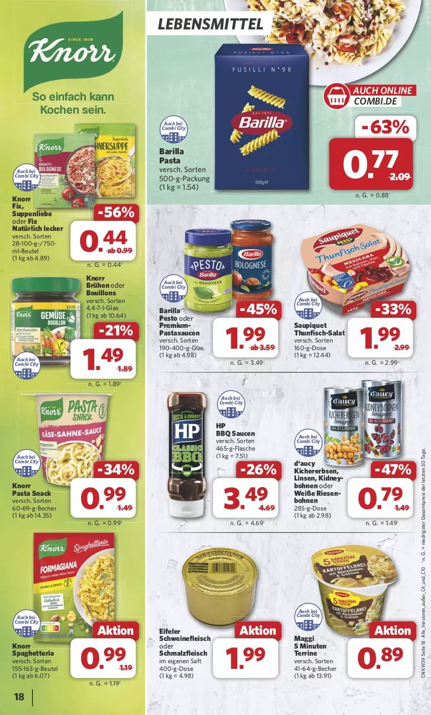 Aktueller Prospekt Combi - Prospekte - von 23.09 bis 28.09.2024 - strona 18 - produkty: barilla, Becher, beutel, bohne, bohnen, Brühe, eis, erbsen, fisch, flasche, fleisch, HP, kichererbsen, kidney, knorr, knorr fix, knorr pasta, lebensmittel, linsen, maggi, malz, pasta, pasta snack, pesto, reis, Ria, saft, salat, sauce, saucen, saupiquet, Schmalz, schwein, schweine, schweinefleisch, snack, suppe, suppen, suppenliebe, terrine, thunfisch, Ti, wein, weine, ZTE