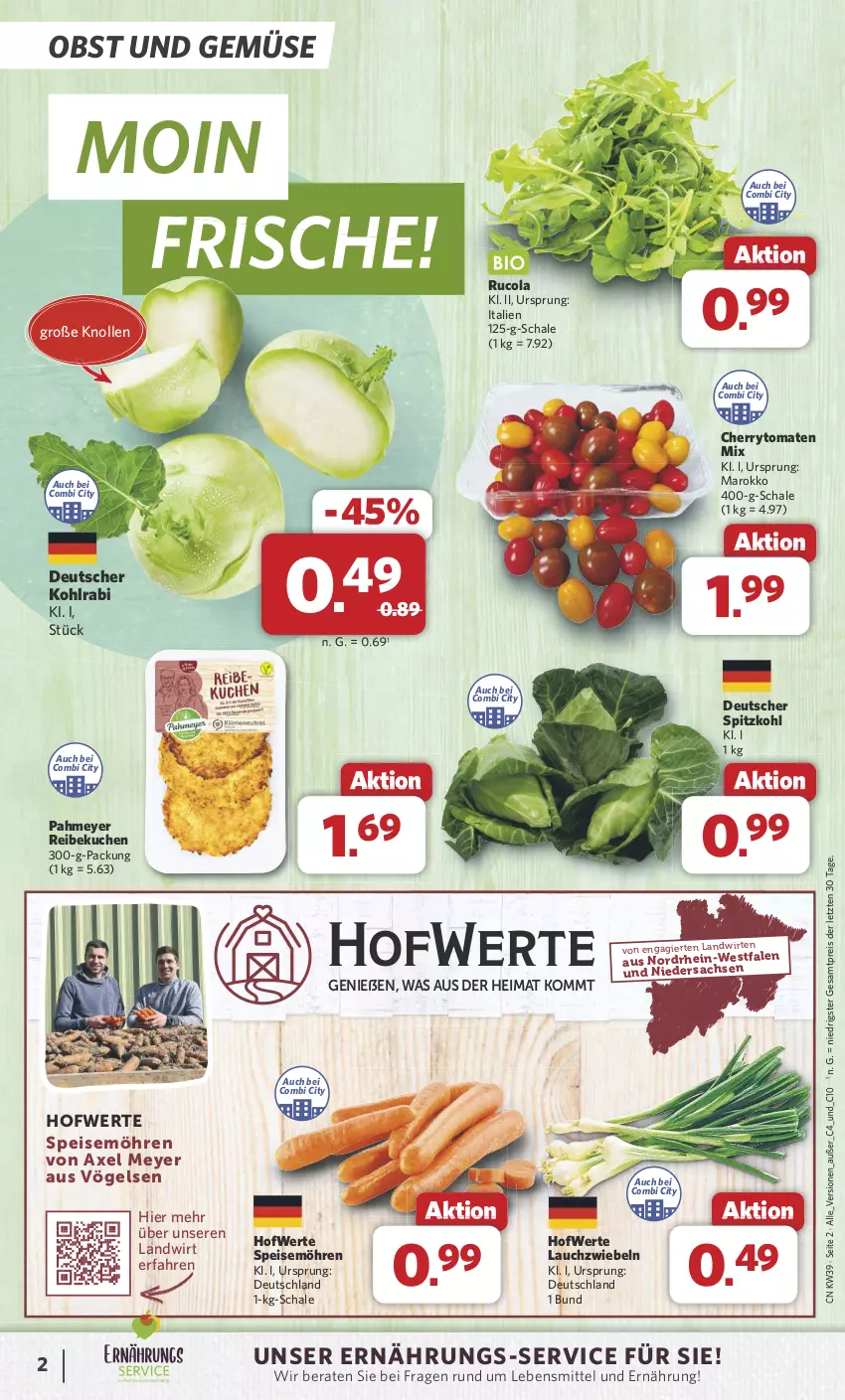 Aktueller Prospekt Combi - Prospekte - von 23.09 bis 28.09.2024 - strona 2 - produkty: axe, cherrytomaten, cola, eis, kohlrabi, kuchen, Lauchzwiebel, lauchzwiebeln, lebensmittel, möhren, obst, Obst und Gemüse, reis, rucola, sac, Schal, Schale, speisemöhren, spitzkohl, Ti, tomate, tomaten, und gemüse, ZTE, zwiebel, zwiebeln