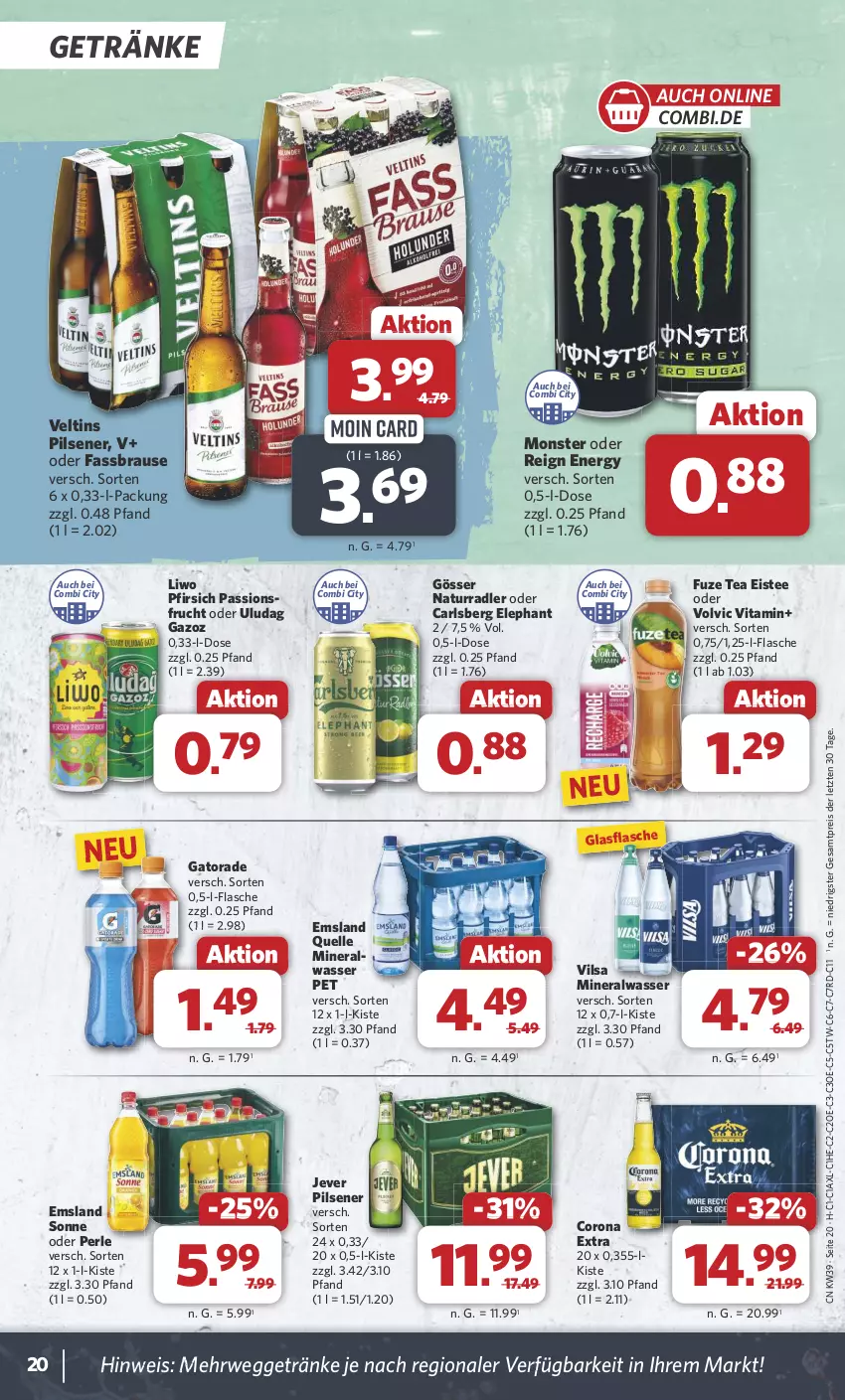 Aktueller Prospekt Combi - Prospekte - von 23.09 bis 28.09.2024 - strona 20 - produkty: Alwa, brause, carlsberg, corona, corona extra, eis, eistee, elle, fassbrause, flasche, frucht, fuze tea, getränk, getränke, glasflasche, gösser, jever, jever pilsener, mineralwasser, monster, natur, pfirsich, pils, pilsener, radler, reis, rwe, tee, Ti, veltins, veltins pilsener, vilsa, vita, volvic, wasser, ZTE