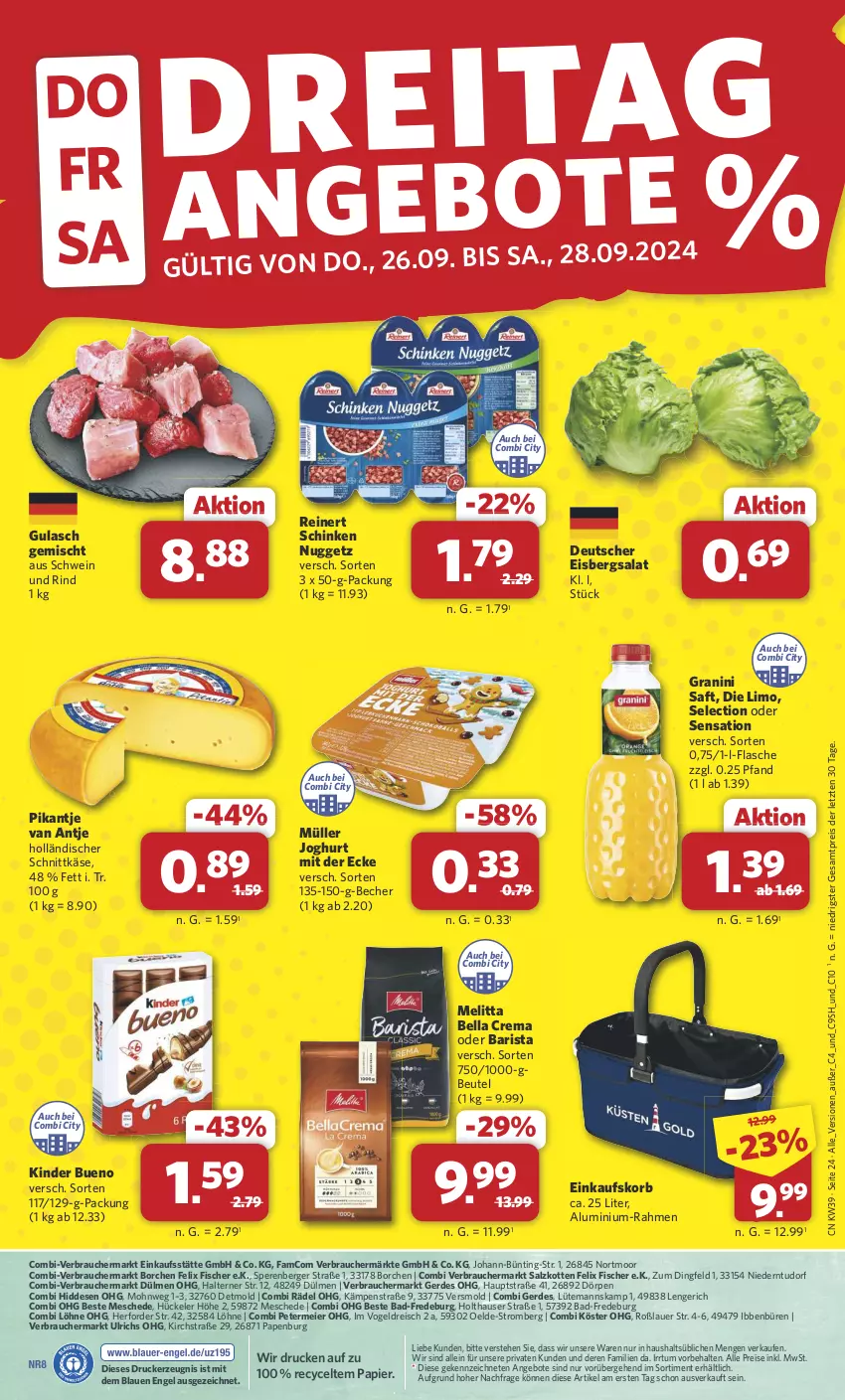 Aktueller Prospekt Combi - Prospekte - von 23.09 bis 28.09.2024 - strona 24 - produkty: aeg, angebot, angebote, auer, Bad, Becher, bella crema, Berger, beutel, drucker, eier, einkaufskorb, eis, eisbergsalat, Engel, erde, felix, fisch, fische, Fischer, flasche, granini, gulasch, holländischer schnittkäse, joghur, joghurt, joghurt mit der ecke, Käse, kerze, Kinder, kinder bueno, korb, limo, melitta, Müller, papier, Rauch, reinert, reis, rind, saft, salat, salz, schinken, schnittkäse, schwein, schwein und rind, Ti, wein, ZTE