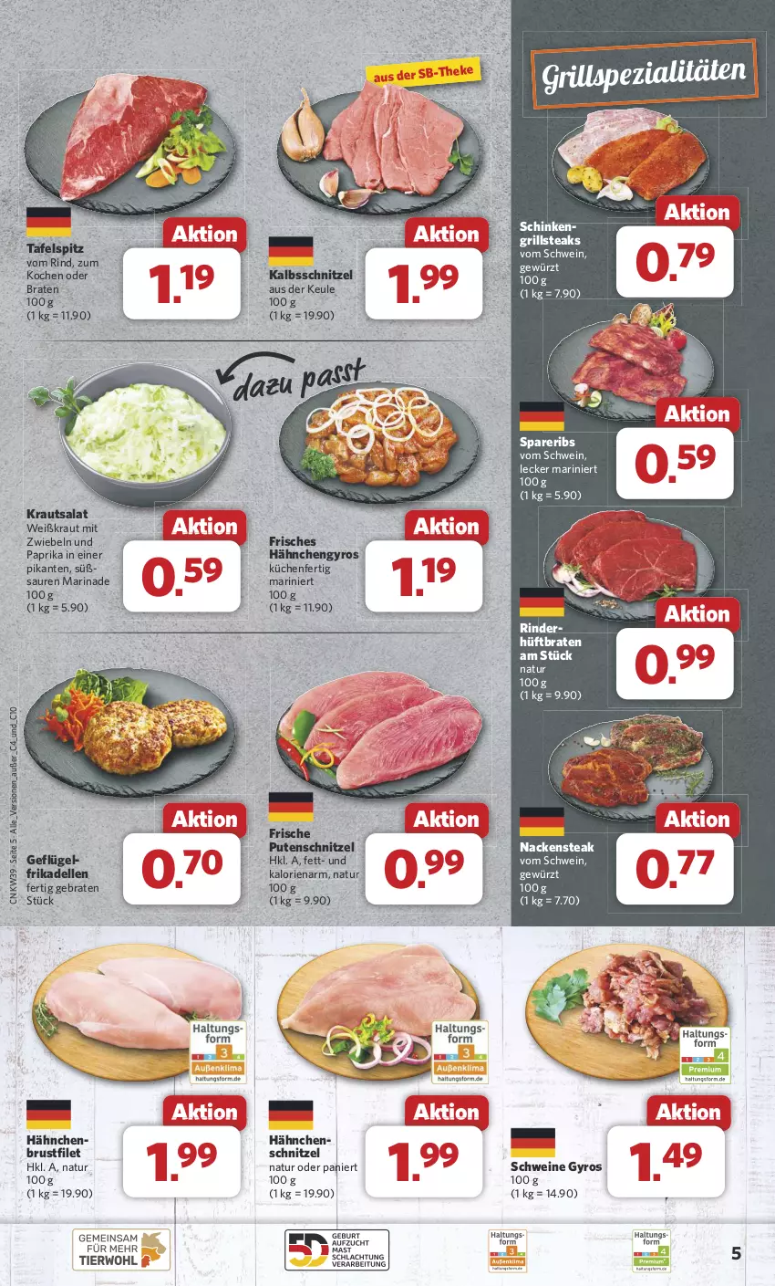 Aktueller Prospekt Combi - Prospekte - von 23.09 bis 28.09.2024 - strona 5 - produkty: braten, brustfilet, dell, elle, filet, frikadellen, Geflügel, gewürz, grill, gyros, hähnchenbrust, hähnchenbrustfilet, Hähnchengyros, Hähnchenschnitzel, Hüftbraten, kalbsschnitzel, Kraut, krautsalat, küche, Küchen, marinade, mit zwiebeln, Nackensteak, natur, paprika, pute, putenschnitzel, rind, rinder, salat, schinken, schnitzel, schwein, schweine, spareribs, Spezi, steak, steaks, tafelspitz, Ti, wein, weine, zwiebel, zwiebeln