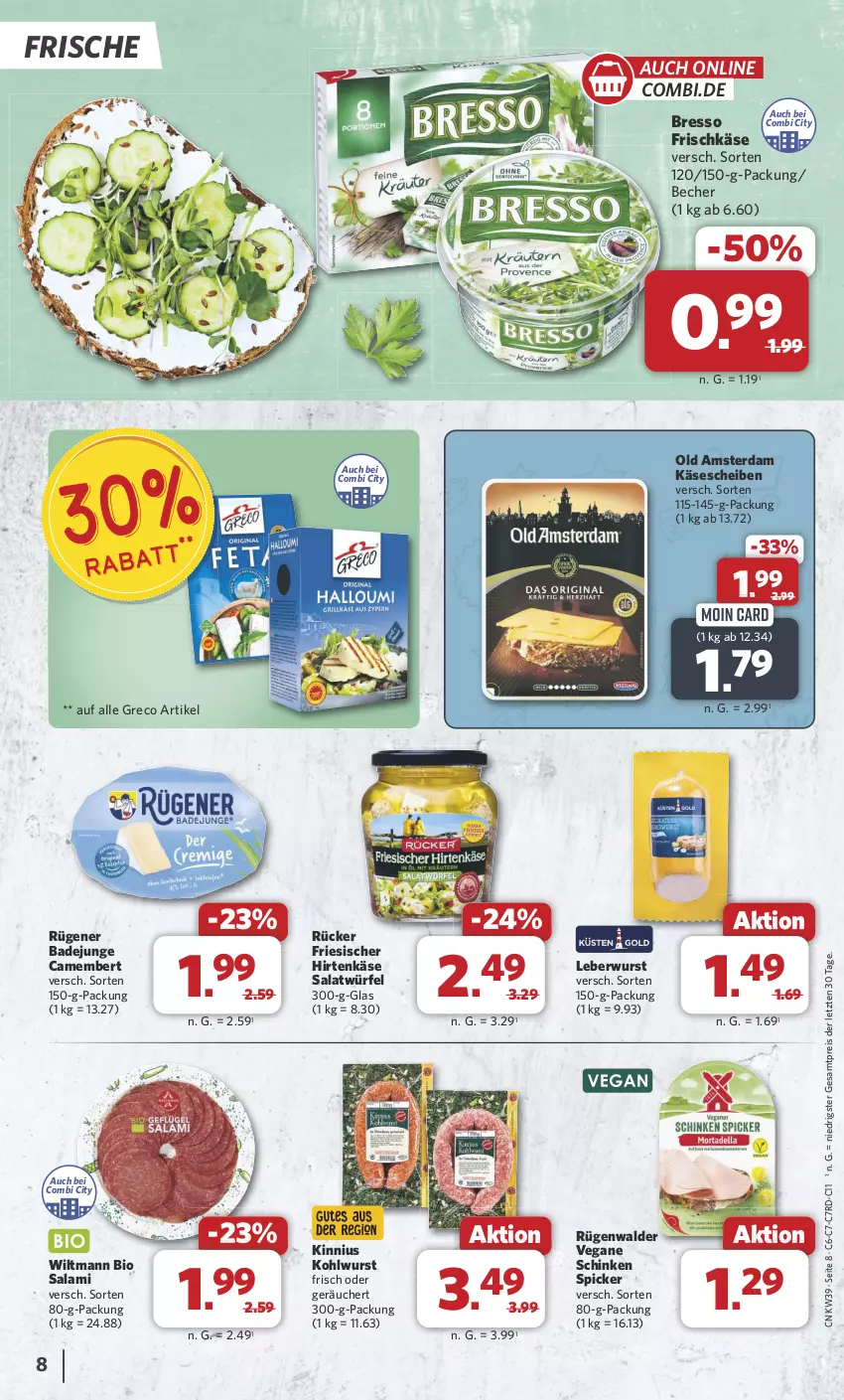 Aktueller Prospekt Combi - Prospekte - von 23.09 bis 28.09.2024 - strona 8 - produkty: Bad, Becher, bio, bresso, camembert, eis, friesischer hirtenkäse, frischkäse, hirtenkäse, Käse, käsescheiben, leberwurst, Old Amsterdam, reis, Rügener, rügener badejunge, rügenwalder, salami, salat, Salatwürfel, schinken, schinken spicker, Ti, wiltmann, würfel, wurst, ZTE