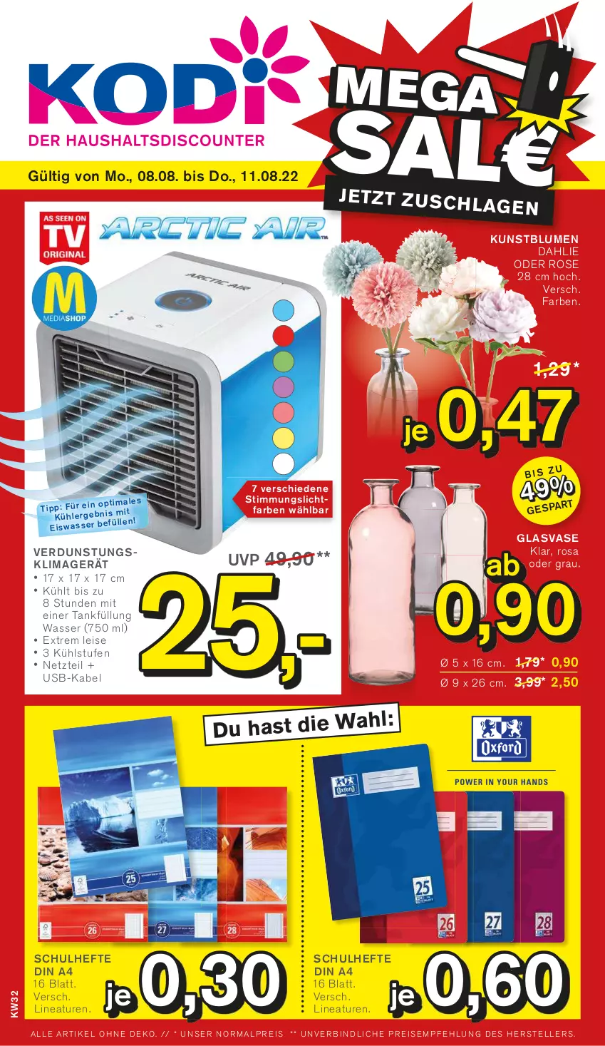 Aktueller Prospekt Kodi - Prospekte - von 06.08 bis 11.08.2022 - strona 1 - produkty: blume, blumen, dahlie, eis, Hefte, klimagerät, Kunstblume, Ti, usb, Vase, wasser, ZTE