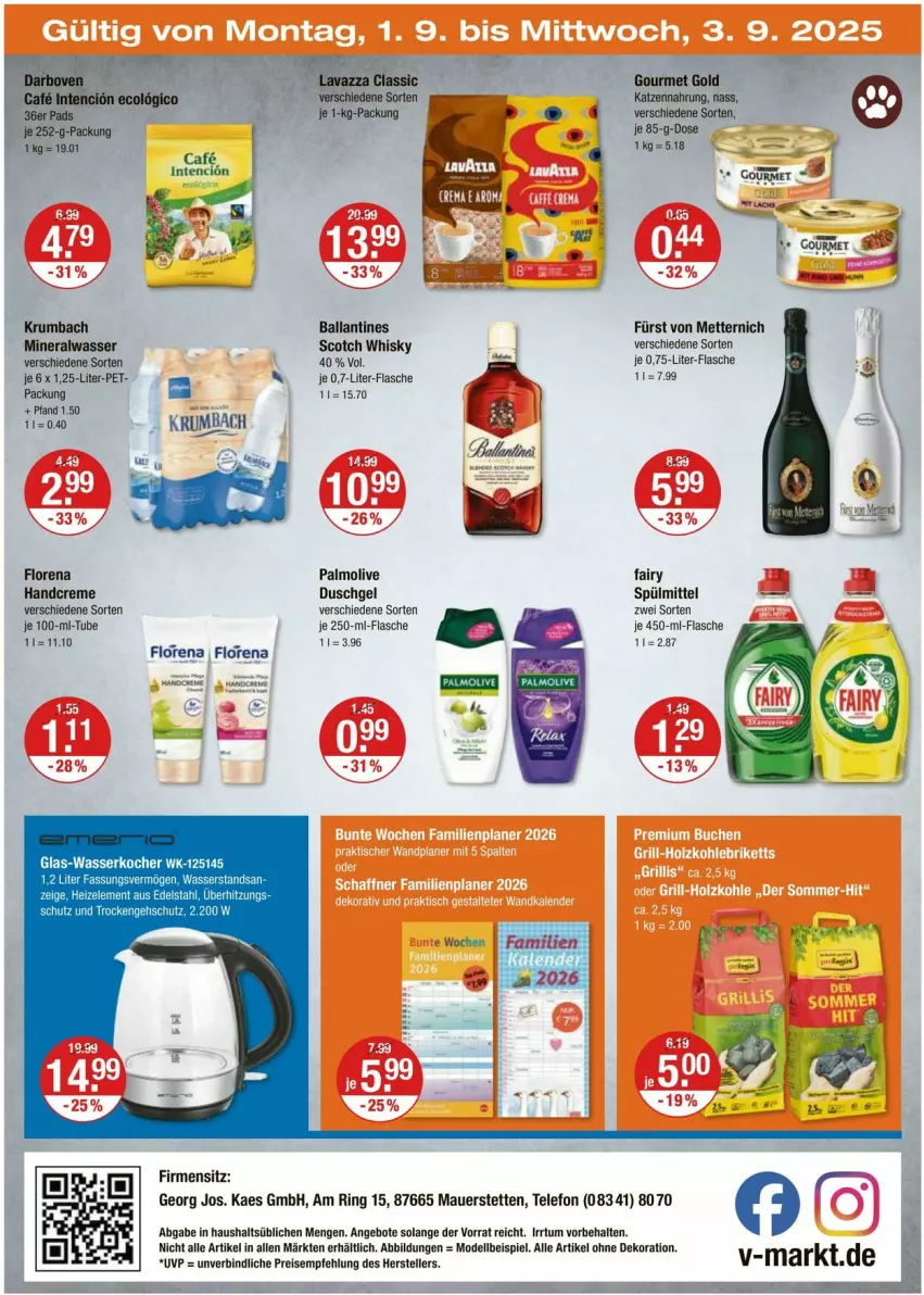 Aktueller Prospekt Vmarkt - Prospekte - von 28.08 bis 03.09.2025 - strona 20 - produkty: alle artikel ohne dekoration, Alwa, angebot, angebote, auer, ball, creme, dekoration, dell, duschgel, edelstahl, eis, fairy, flasche, fürst von metternich, glas-wasserkocher, gourmet gold, handcreme, kaes, katzennahrung, Kocher, krumbach, Mett, metternich, mineralwasser, Mode, olive, palmolive, ring, rum, scotch, scotch whisky, spülmittel, telefon, Ti, wasser, wasserkocher, whisky