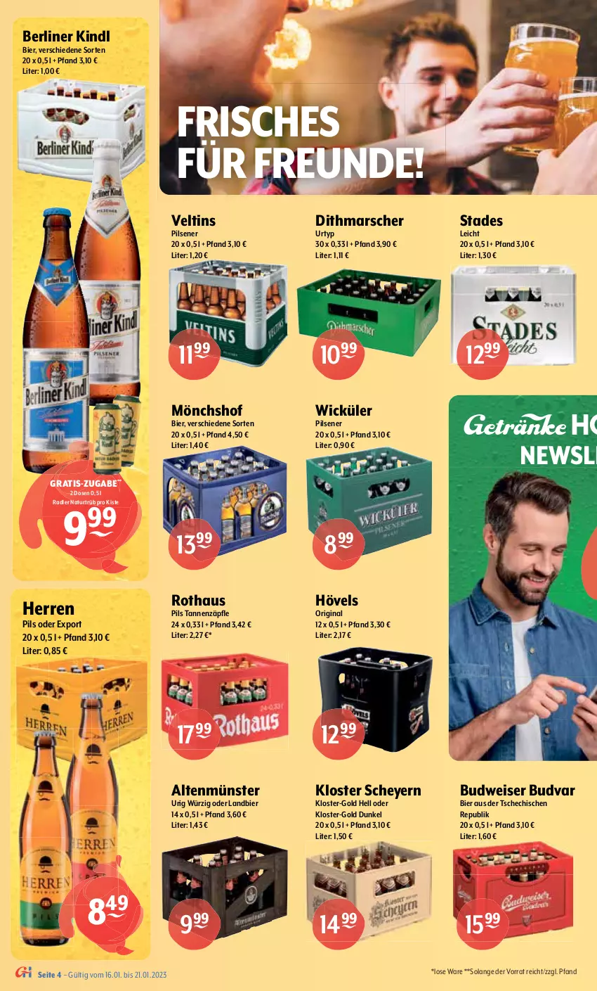 Aktueller Prospekt Getraenke Hoffmann - Prospekte - von 16.01 bis 21.01.2023 - strona 4 - produkty: alkohol, Altenmünster, angebot, Berger, berliner, berliner kindl, bier, bitburger, budweiser, burger, eis, elle, gin, Guinness, kraft, LG, malz, mars, Meister, mönchshof, natur, oder radler, ohne alkohol, pils, pilsener, pilsner, premium pils, radeberger, radler, Schultheiss, Sternburg, Ti, urtyp, veltins, veltins pilsener, WICK