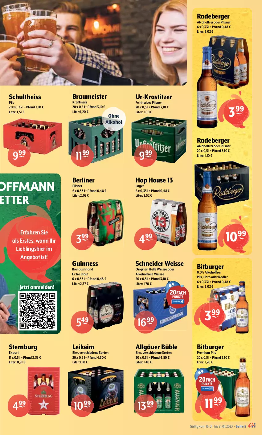 Aktueller Prospekt Getraenke Hoffmann - Prospekte - von 16.01 bis 21.01.2023 - strona 5 - produkty: alkohol, Altenmünster, angebot, Berger, berliner, berliner kindl, bier, bitburger, budweiser, burger, eis, elle, gin, Guinness, kraft, LG, malz, mars, Meister, mönchshof, natur, oder radler, ohne alkohol, pils, pilsener, pilsner, premium pils, radeberger, radler, Schultheiss, Sternburg, Ti, urtyp, veltins, veltins pilsener, WICK